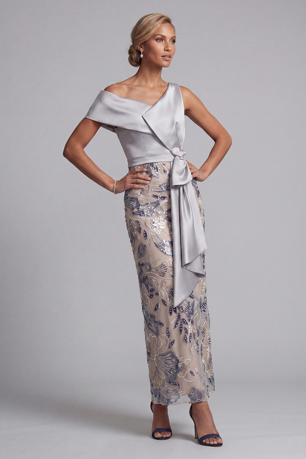 Silver Sparkly Floral Sheath Beaded Long Mother of the Bride Dress with Sash