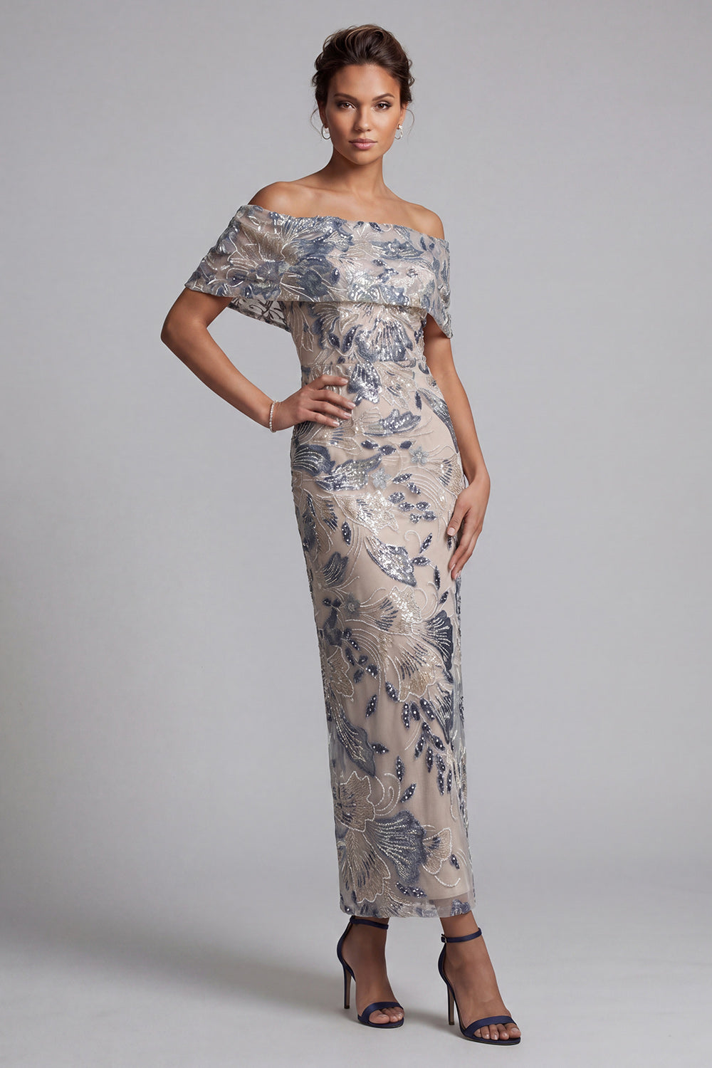 Sparkly Navy Off the Shoulder Floral Sheath Maxi Mother of the Bride Dress