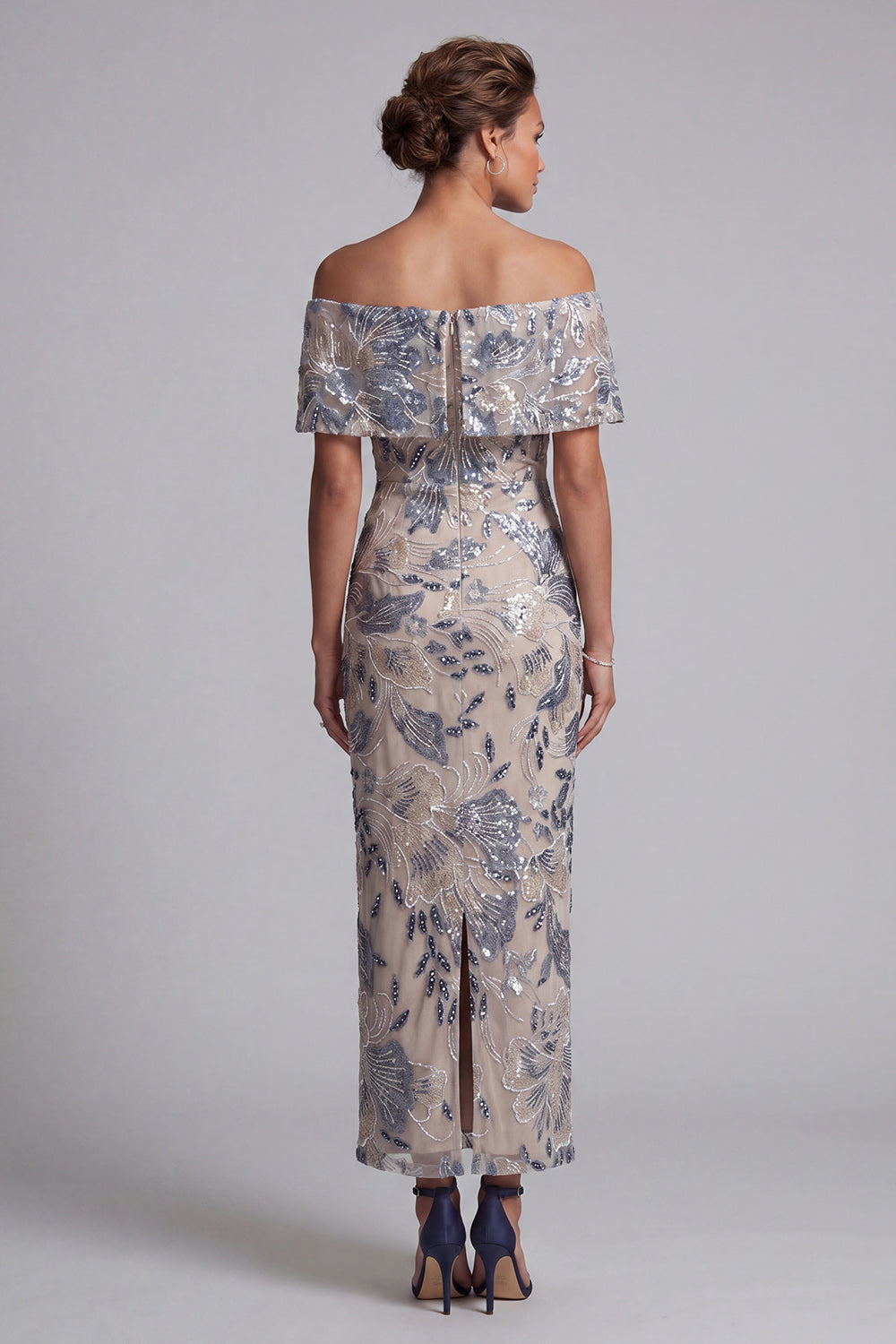 Sparkly Navy Off the Shoulder Floral Sheath Maxi Mother of the Bride Dress