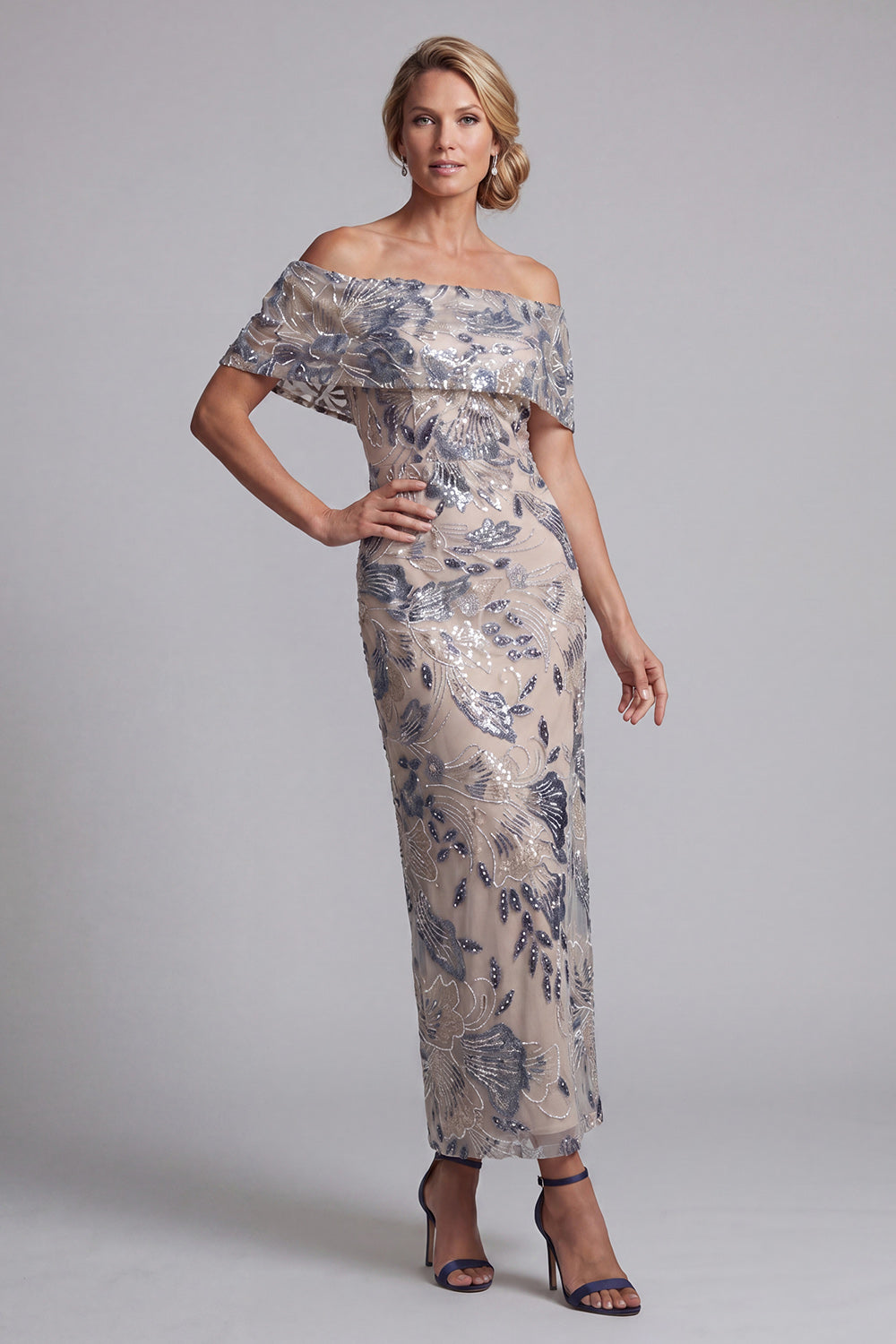 Sparkly Navy Off the Shoulder Floral Sheath Maxi Mother of the Bride Dress