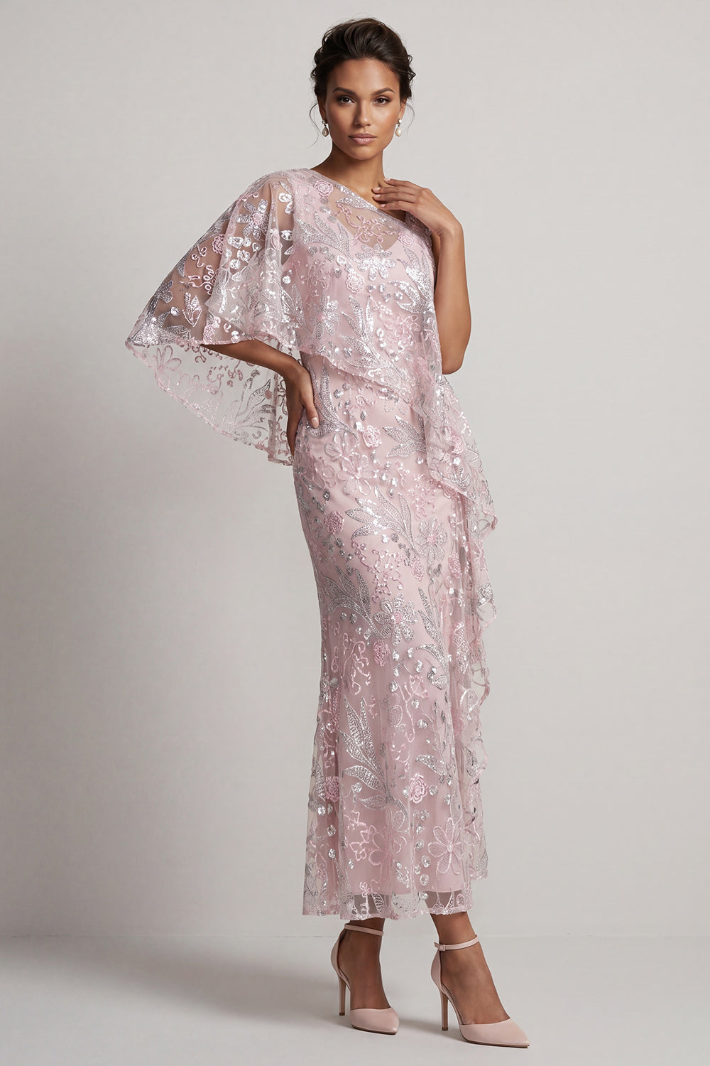 Floral Sheath Pink Asymmetrical Neck Maxi Mother of the Bride Dress