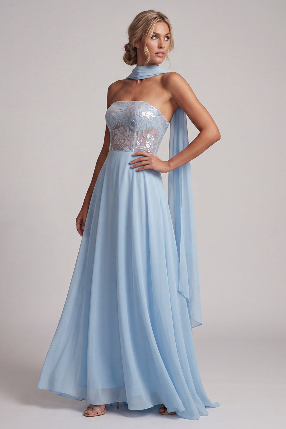 Floral Corset Sky Blue A-Line Chiffon Long Mother of the Bride Dress