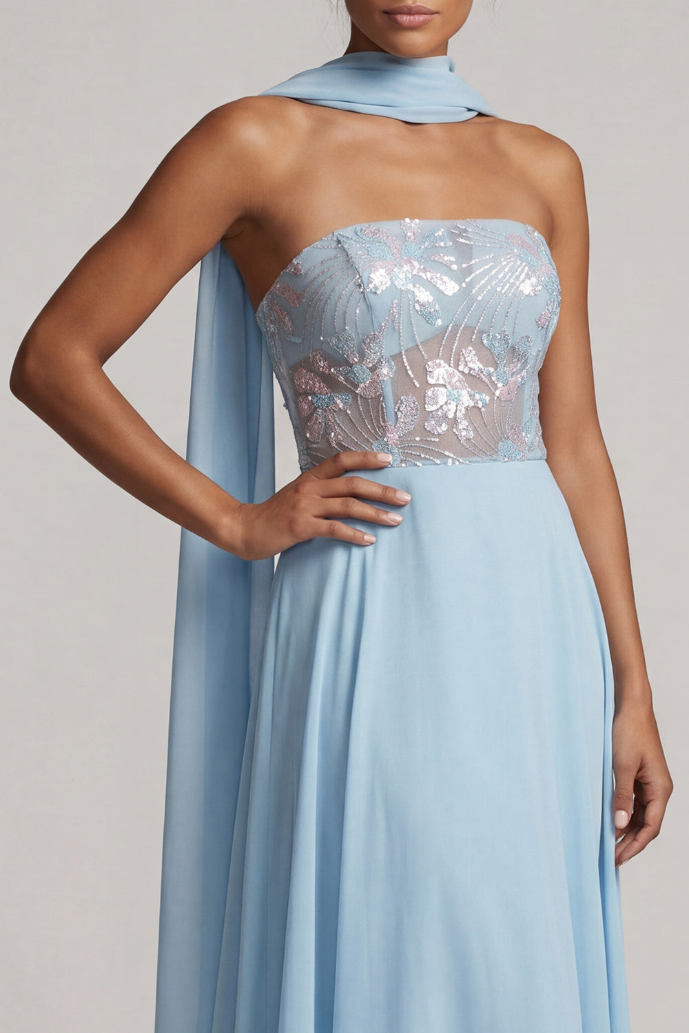 Floral Corset Sky Blue A-Line Chiffon Long Mother of the Bride Dress