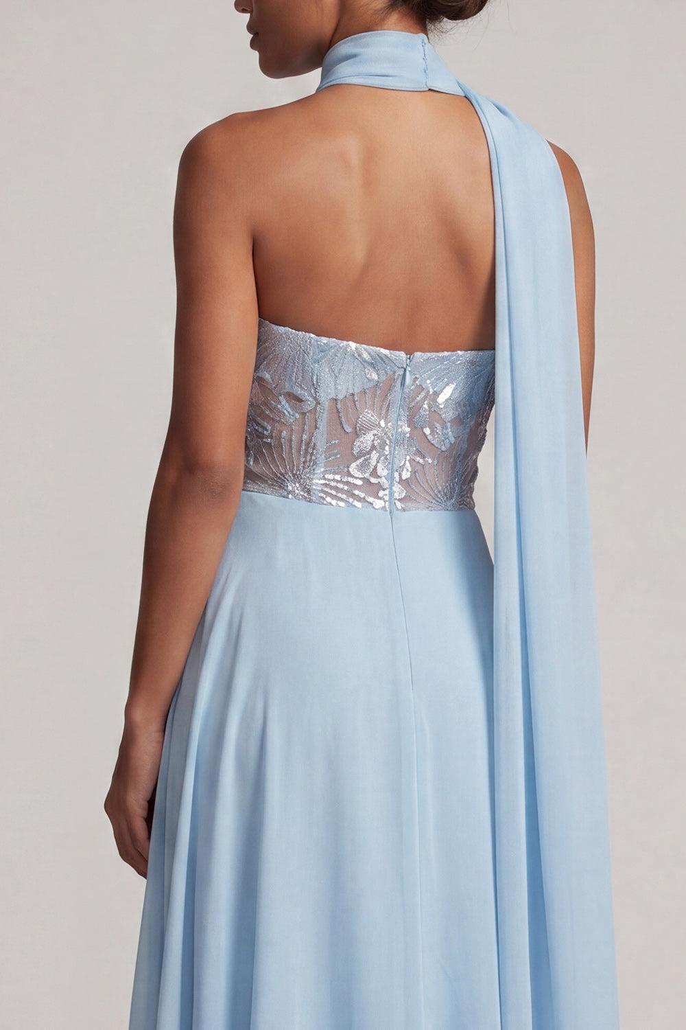 Floral Corset Sky Blue A-Line Chiffon Long Mother of the Bride Dress