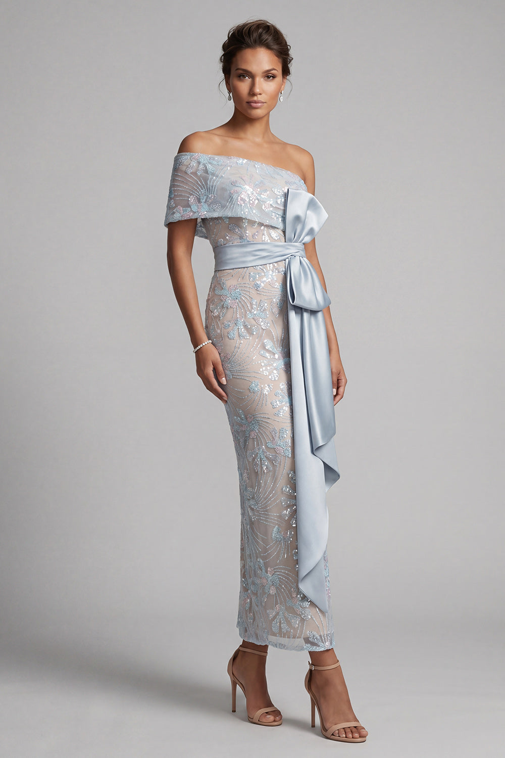 Dusty Blue Floral One Shoulder Sheath Long Mother of the Bride Dress with Bow