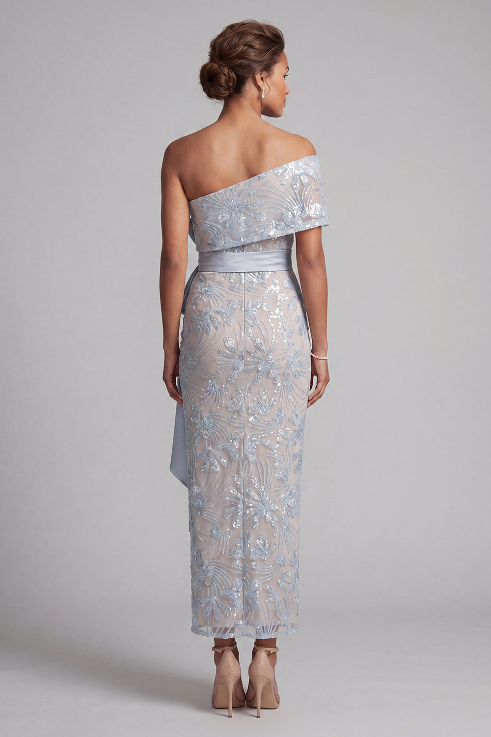 Dusty Blue Floral One Shoulder Sheath Long Mother of the Bride Dress with Bow