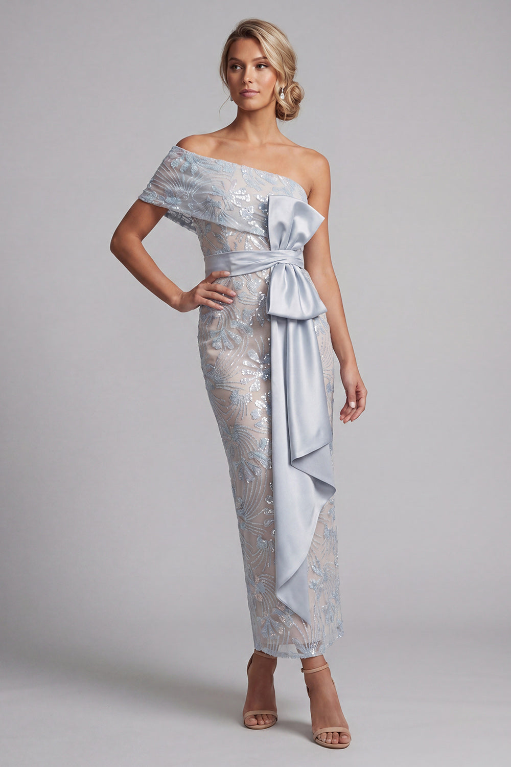 Dusty Blue Floral One Shoulder Sheath Long Mother of the Bride Dress with Bow