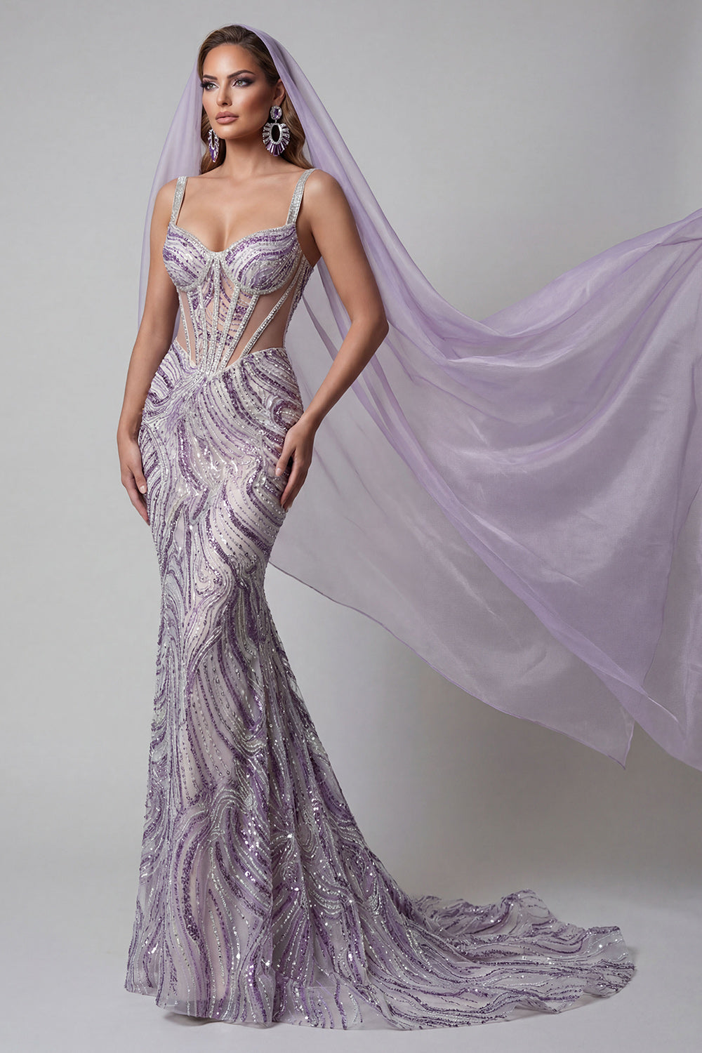 Sparkly Lilac Corset Beaded Long Pageant Dress with Veil Mermaid Sequin Thick Straps Gala Dress