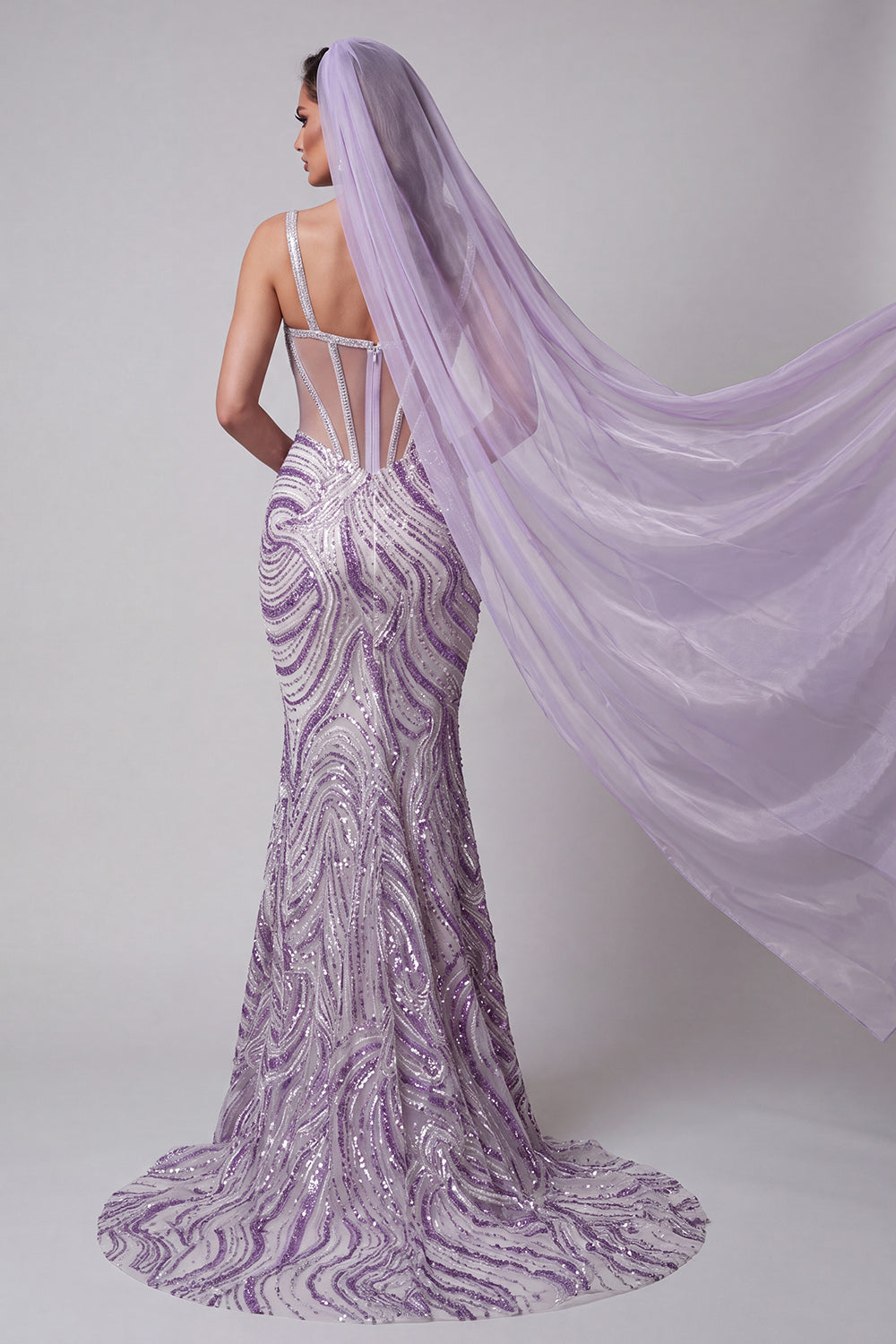 Lilac Sparkly Sequin Corset Mermaid Long Pageant Dress with Veil
