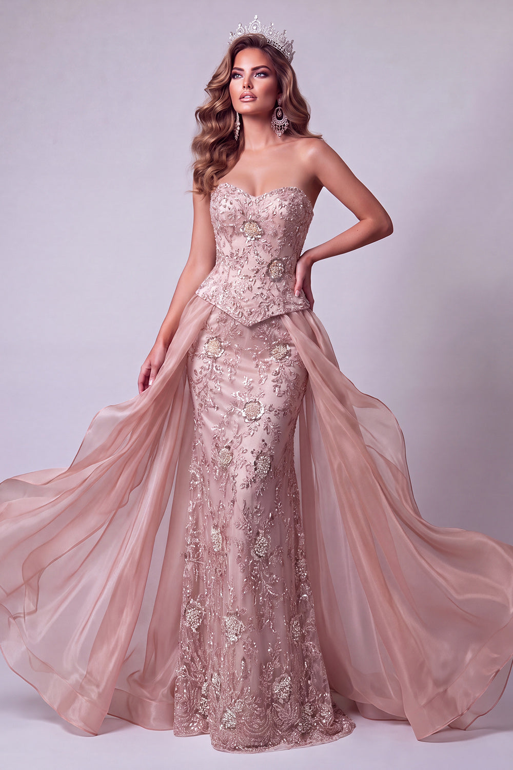 Blush Sparkly Sequin Floral Corset Long Pageant Dress with Cape Organza Mermaid Beaded Sequin Sweetheart Gala Dress