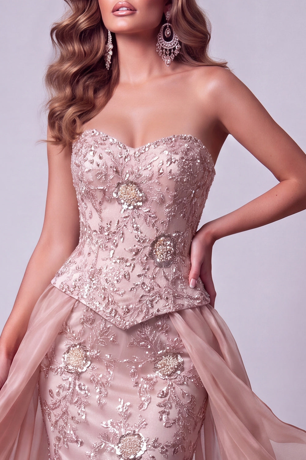 Sparkly Beaded Blush Floral Corset Mermaid Long Pageant Dress with Cape