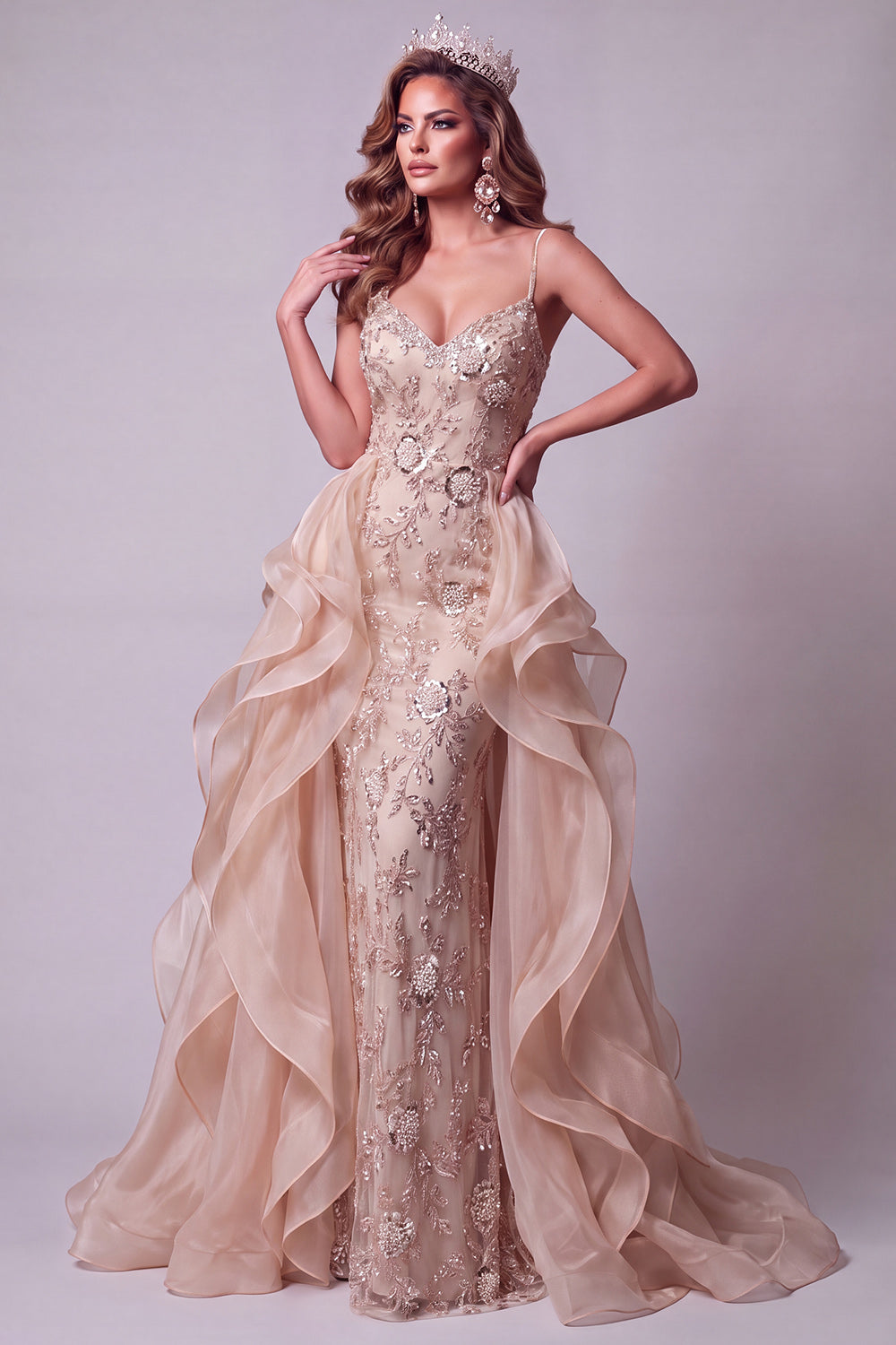 Sparkly Floral Champagne Beaded Long Pageant Dress with Cape Sequin Mermaid Organza Spaghetti Straps Gala Dress with Bow