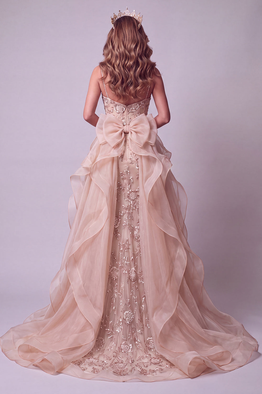 Champagne Sparkly Floral Mermaid Beaded Long Pageant Dress with Cape