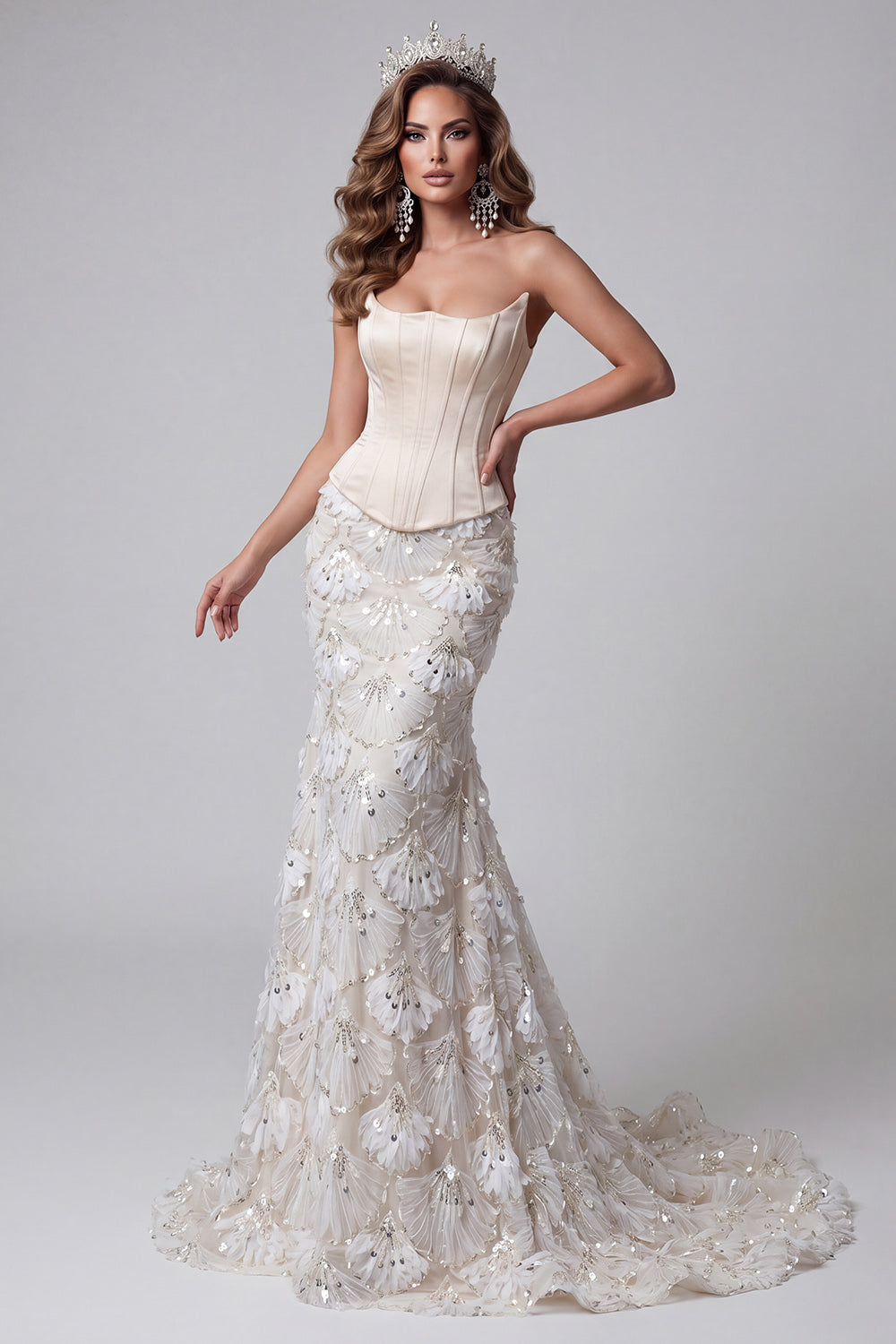 Sparkly Satin Floral Ivory Corset Long Pageant Dress Sequin Mermaid Strapless Gala Dress