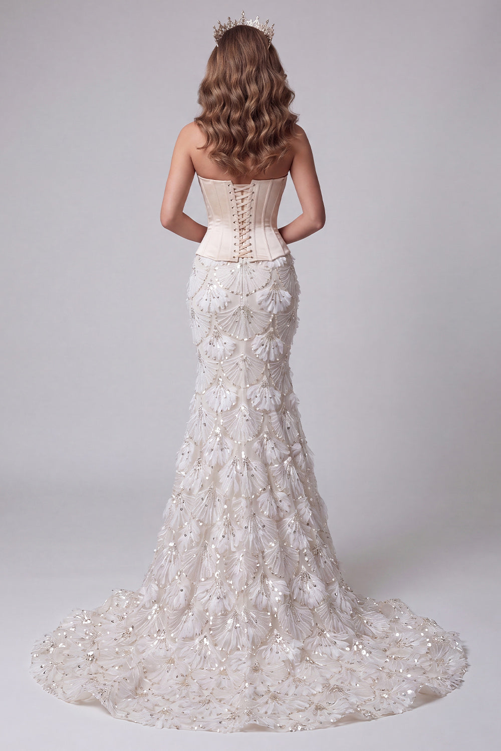 Sparkly Ivory Sequin Corset Floral Strapless Mermaid Long Pageant Dress