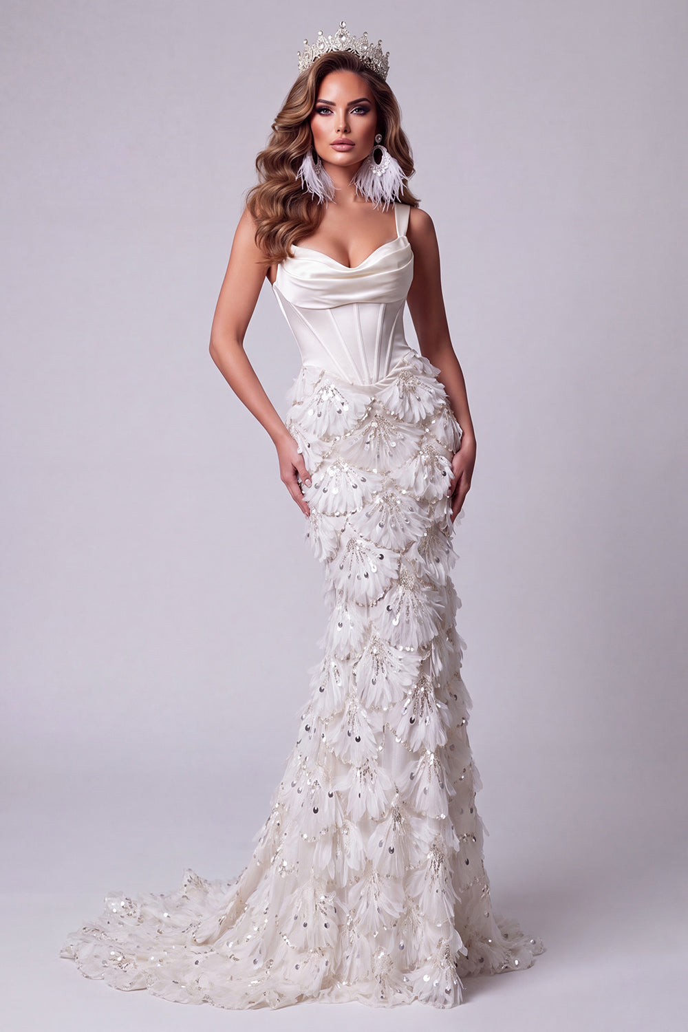 Ivory Sparkly Corset Floral Long Pageant Dress Sequin Thick Straps Satin Mermaid Ruched Gala Dress