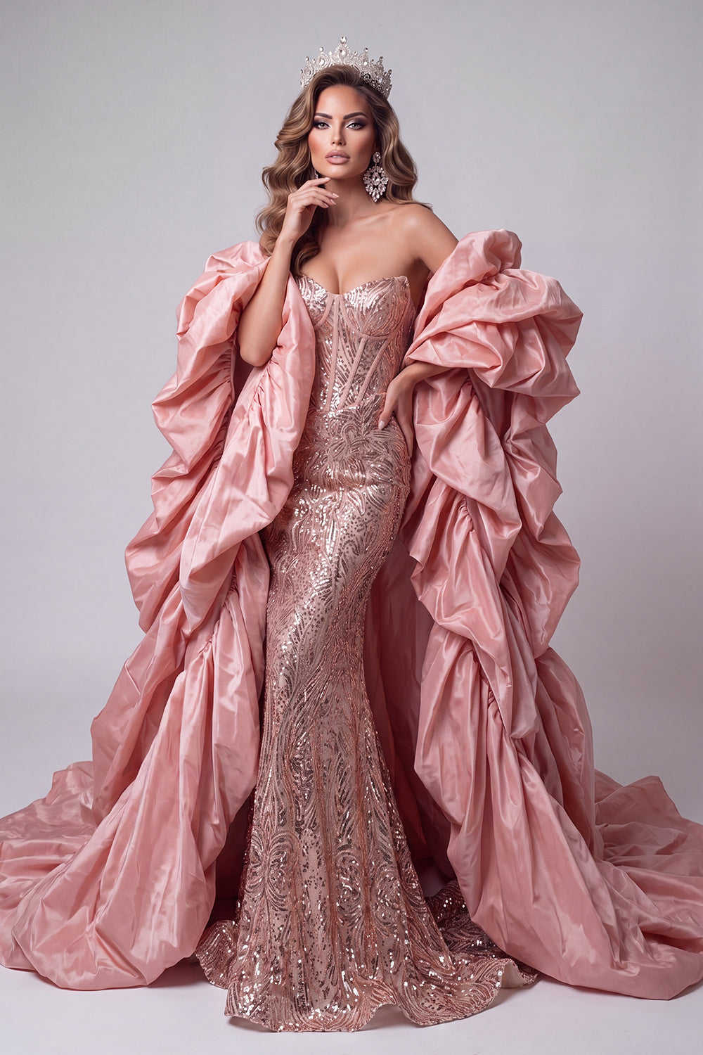 Sparkly Strapless Pink Corset Long Pageant Dress with Cape Mermaid Sequin Gala Dress with Sleeves