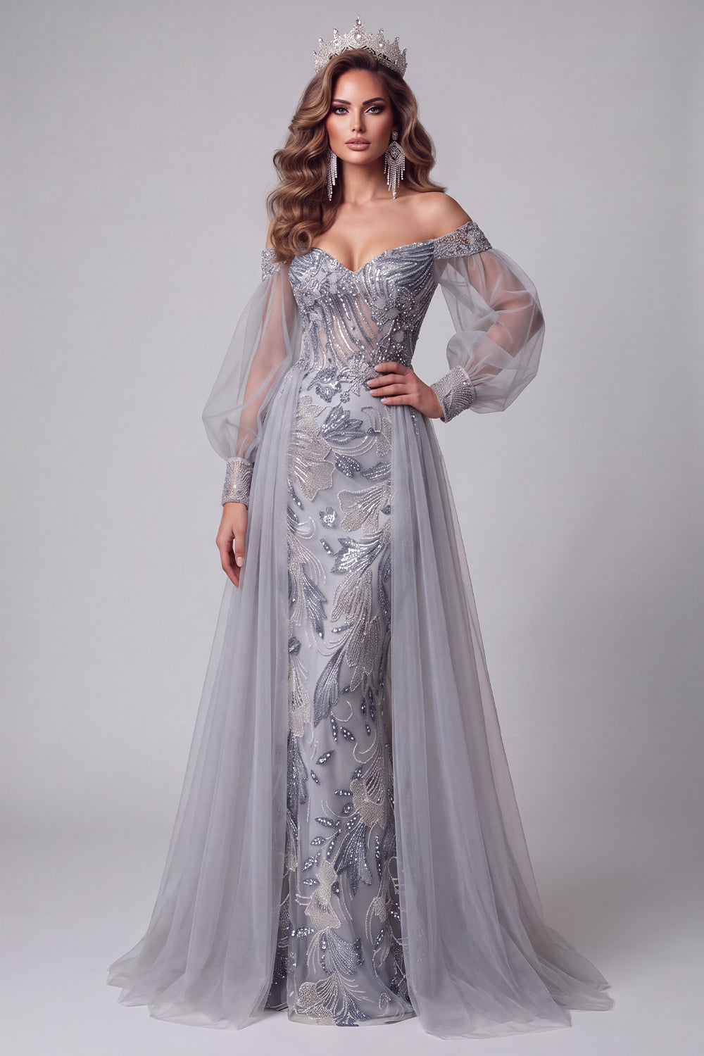 Sparkly Floral Beaded Dusty Blue Long Pageant Dress with Cape Sequin Mermaid Puff Sleeves Off the Shoulder Gala Dress