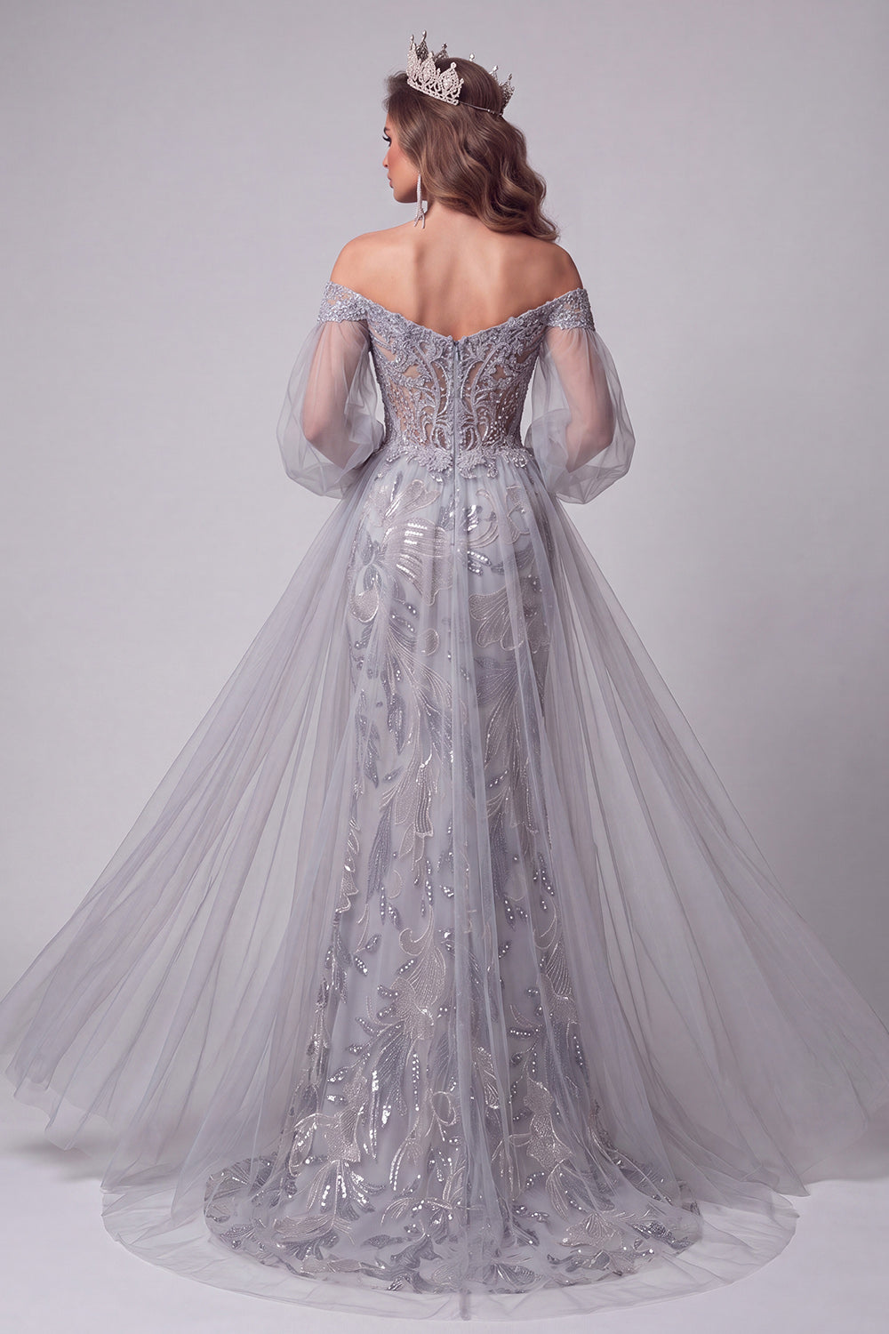 Dusty Blue Sparkly Beaded Floral Mermaid Long Sleeves Pageant Dress with Cape