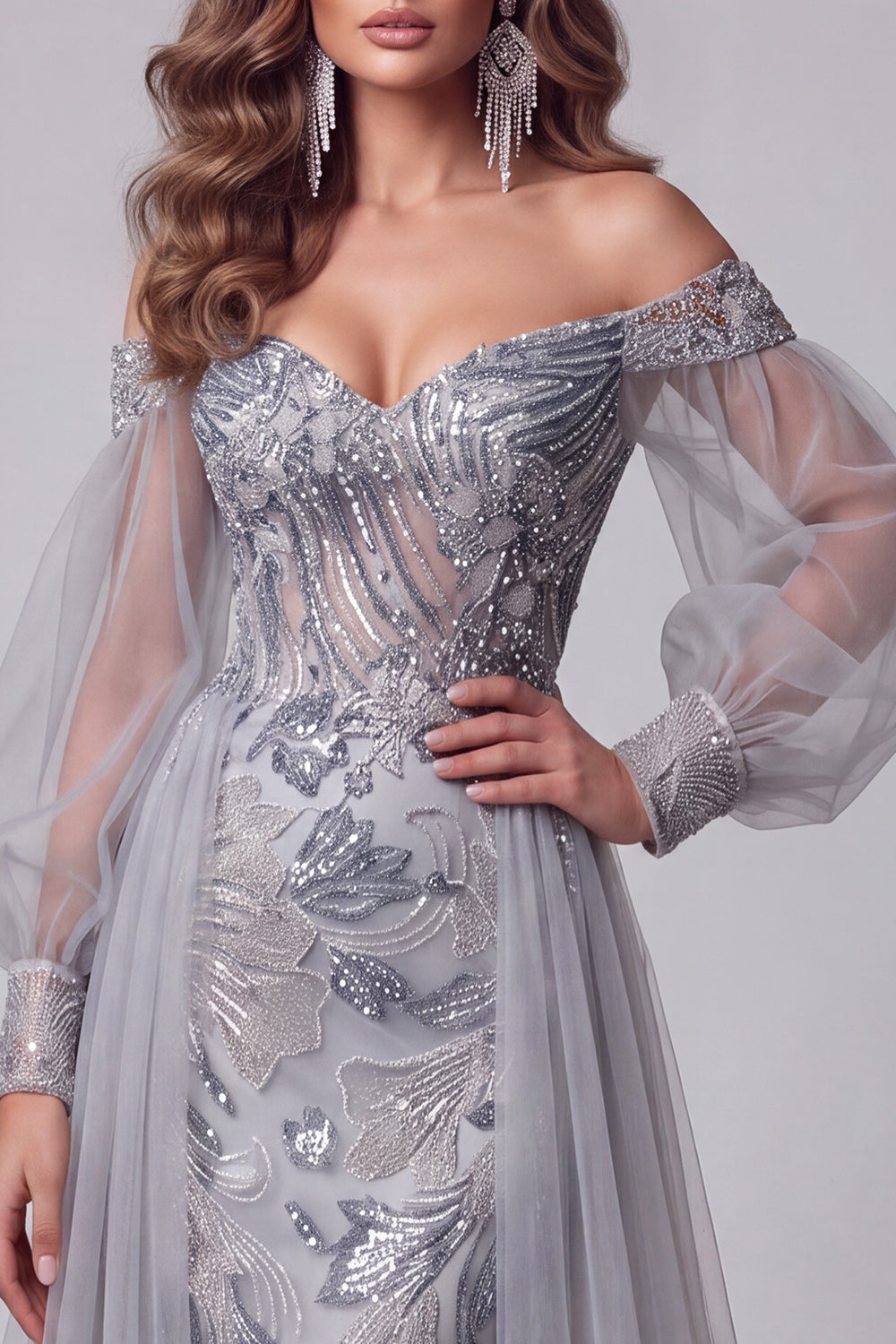 Dusty Blue Sparkly Beaded Floral Mermaid Long Sleeves Pageant Dress with Cape