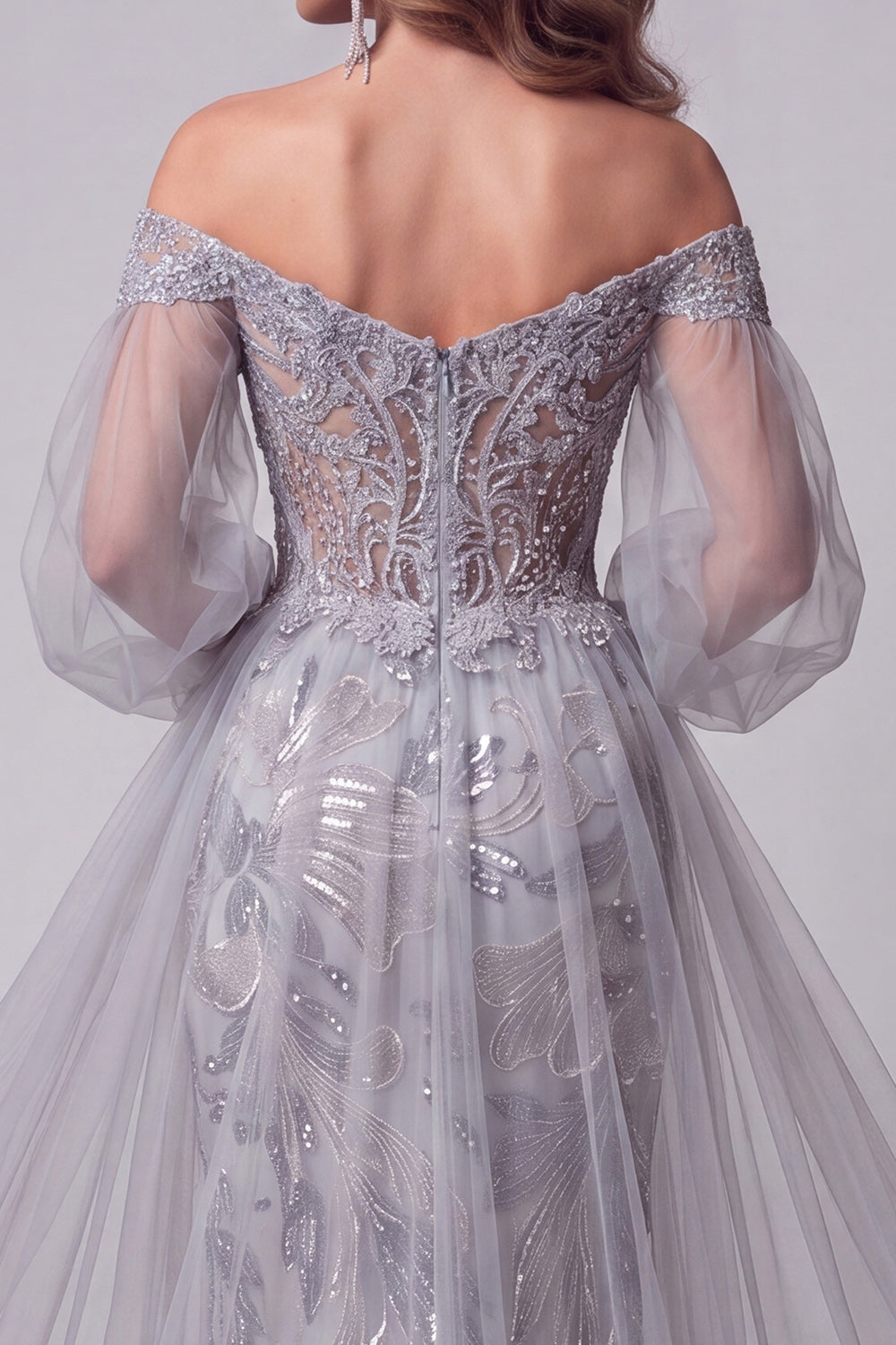 Dusty Blue Sparkly Beaded Floral Mermaid Long Sleeves Pageant Dress with Cape
