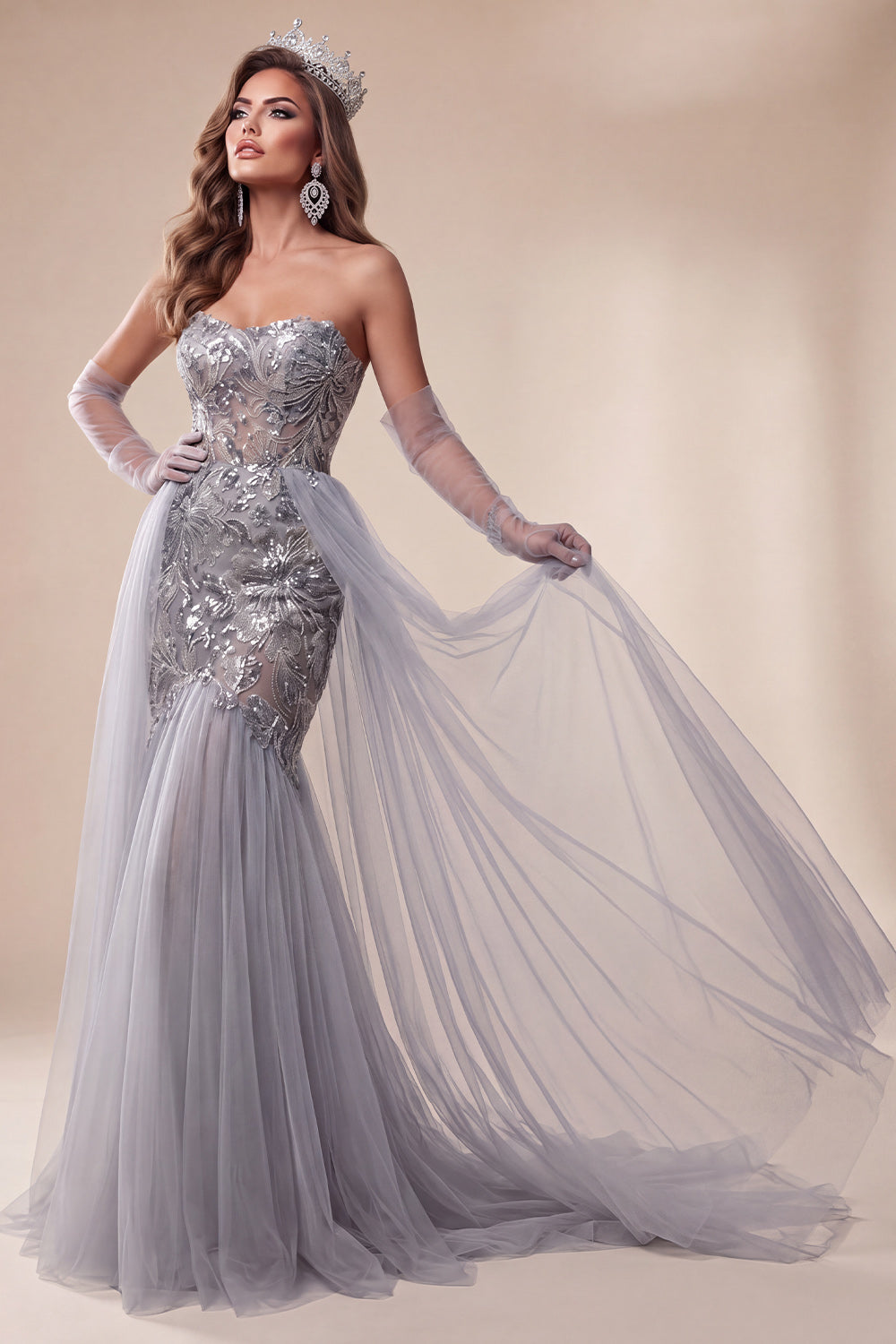 Sparkly Sequin Floral Dusty Blue Long Pageant Dress with Cape Beaded Mermaid Tulle Sweetheart Gala Dress