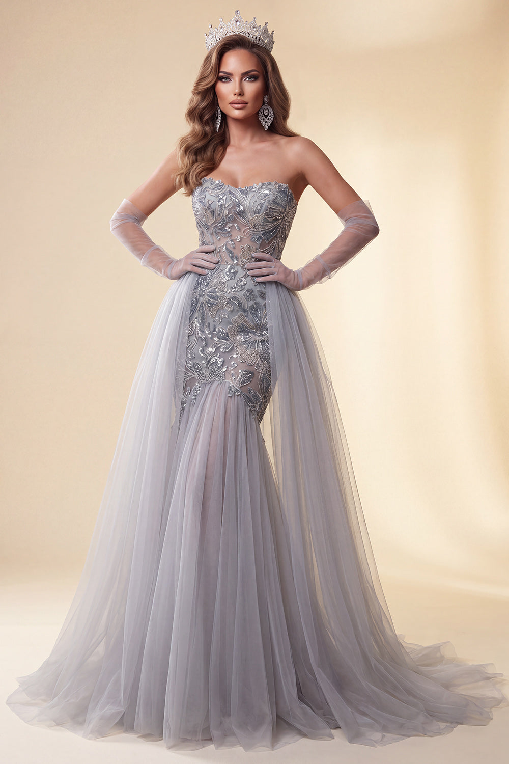 Sparkly Sequin Floral Dusty Blue Mermaid Long Pageant Dress with Cape