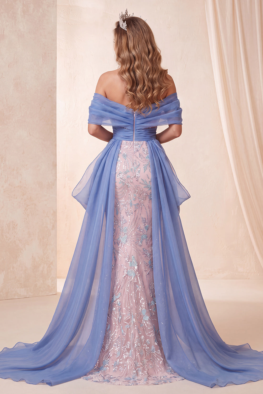 Sparkly Beaded Floral Blue and Pink Mermaid Long Pageant Dress with Cape