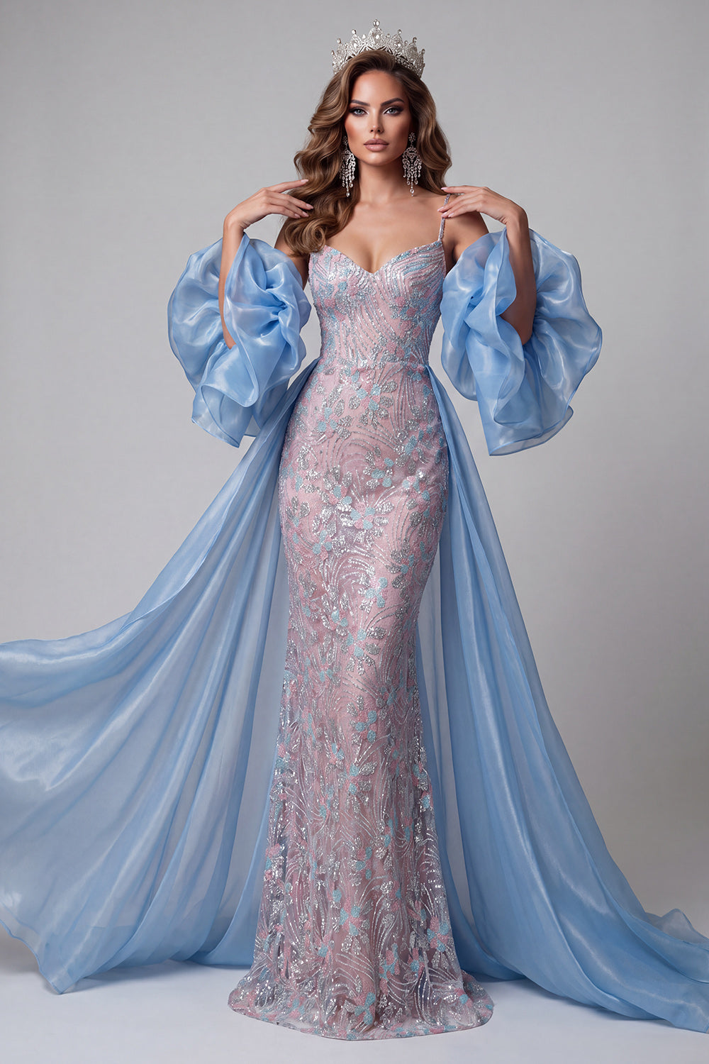 Sparkly Blue and Pink Sequin Floral Long Pageant Dress with Cape Mermaid Organza Beaded Sequin Spaghetti Straps Gala Dress with Sleeves