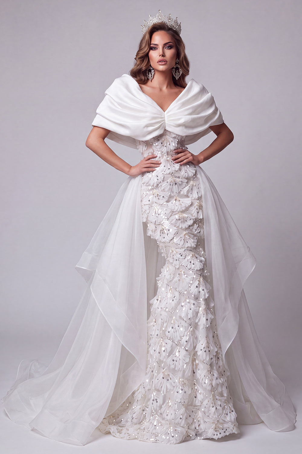 Sparkly White Sequin Floral Long Pageant Dress with Cape Organza Mermaid V-Neck Ruched Gala Dress