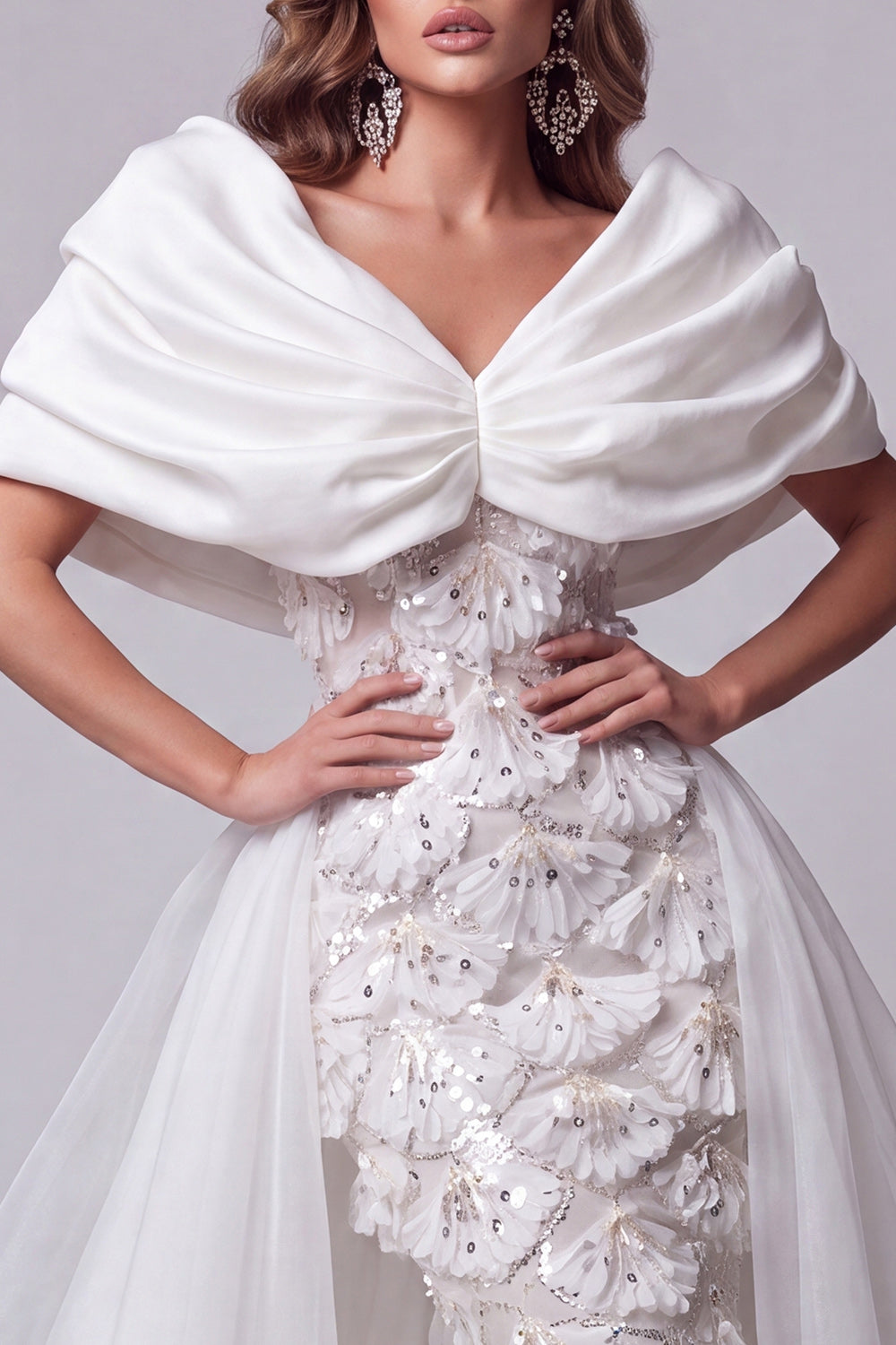 Sparkly White Sequin Floral Mermaid Long Pageant Dress with Cape