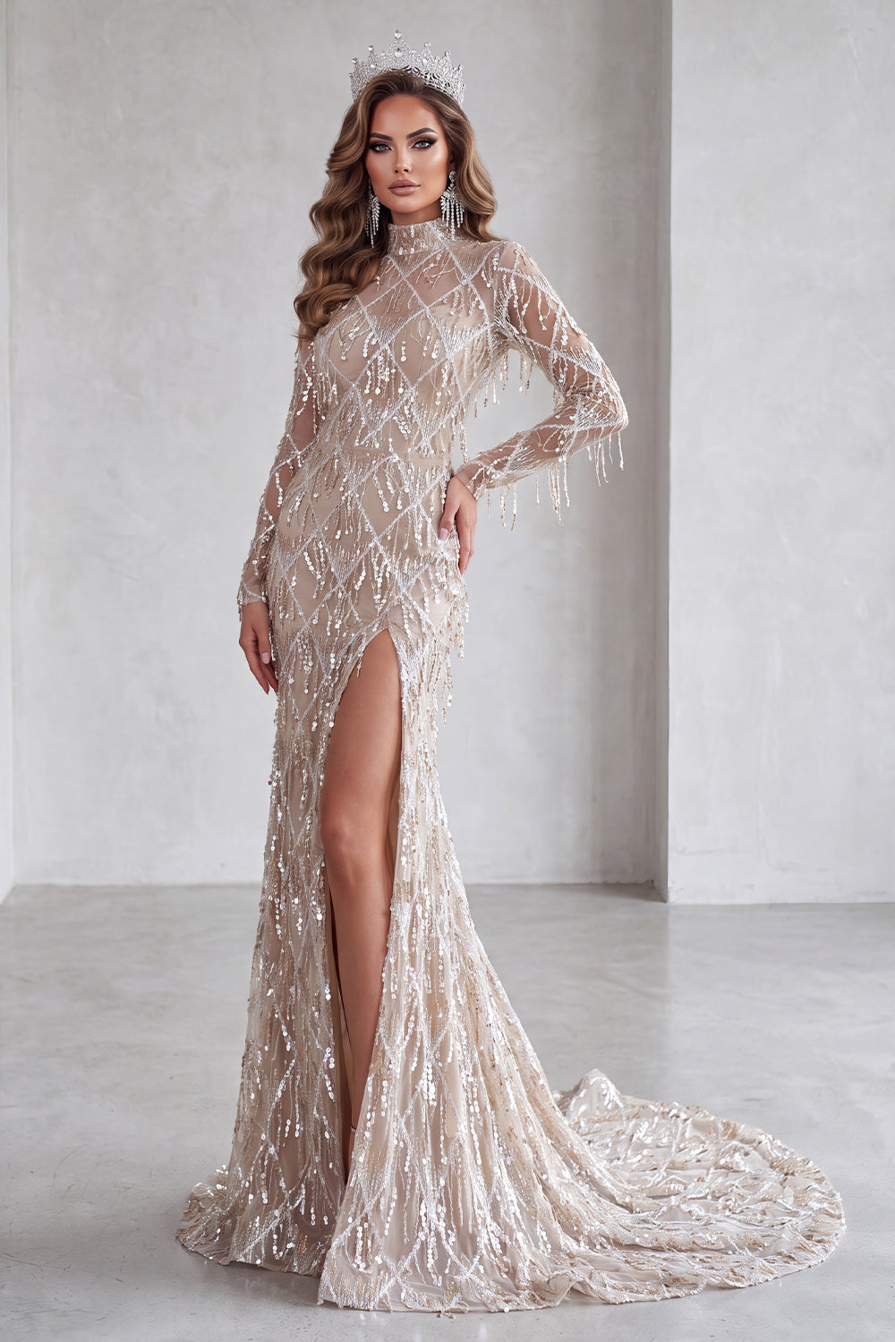Champagne Sparkly Mermaid Sequin Fringed Long Pageant Dress with Slit