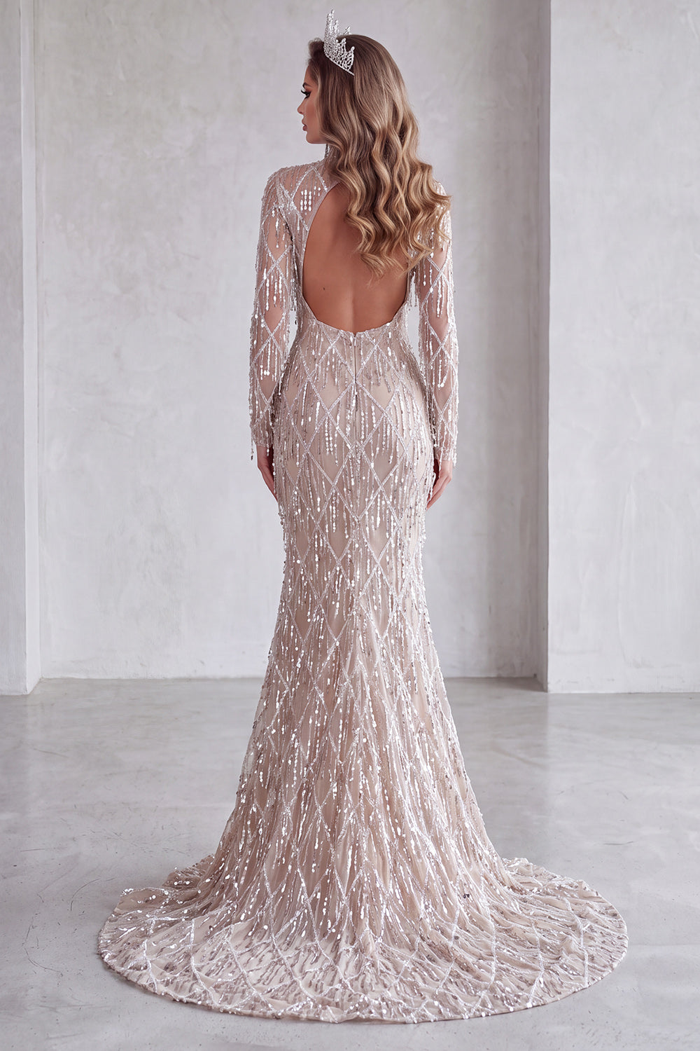 Champagne Sparkly Mermaid Sequin Fringed Long Pageant Dress with Slit