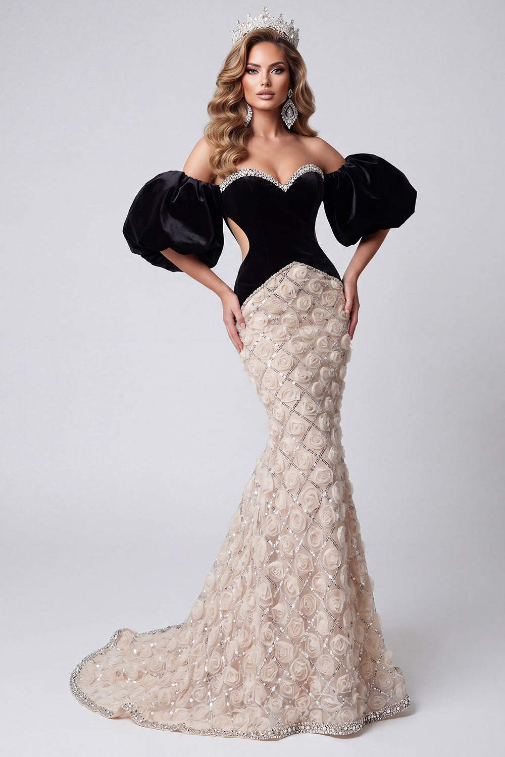 Black Floral Sparkly Sequin Sweetheart Long Mermaid Pageant Dress Velvet Ruffle Sleeves Cut Out Beaded Gala Dress
