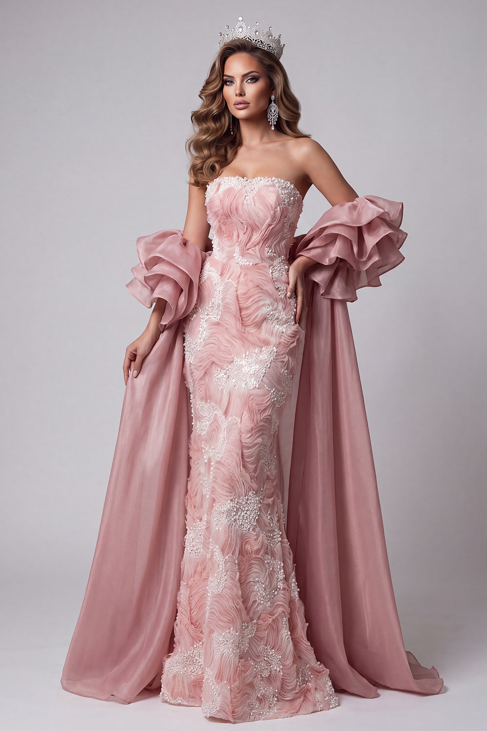 Pink Sparkly Beaded Strapless Long Pageant Dress with Cape Organza Mermaid Ruffle Sleeves Gala Dress