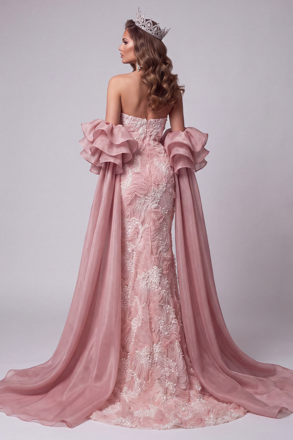 Sparkly Beaded Pink Mermaid Long Pageant Dress with Cape