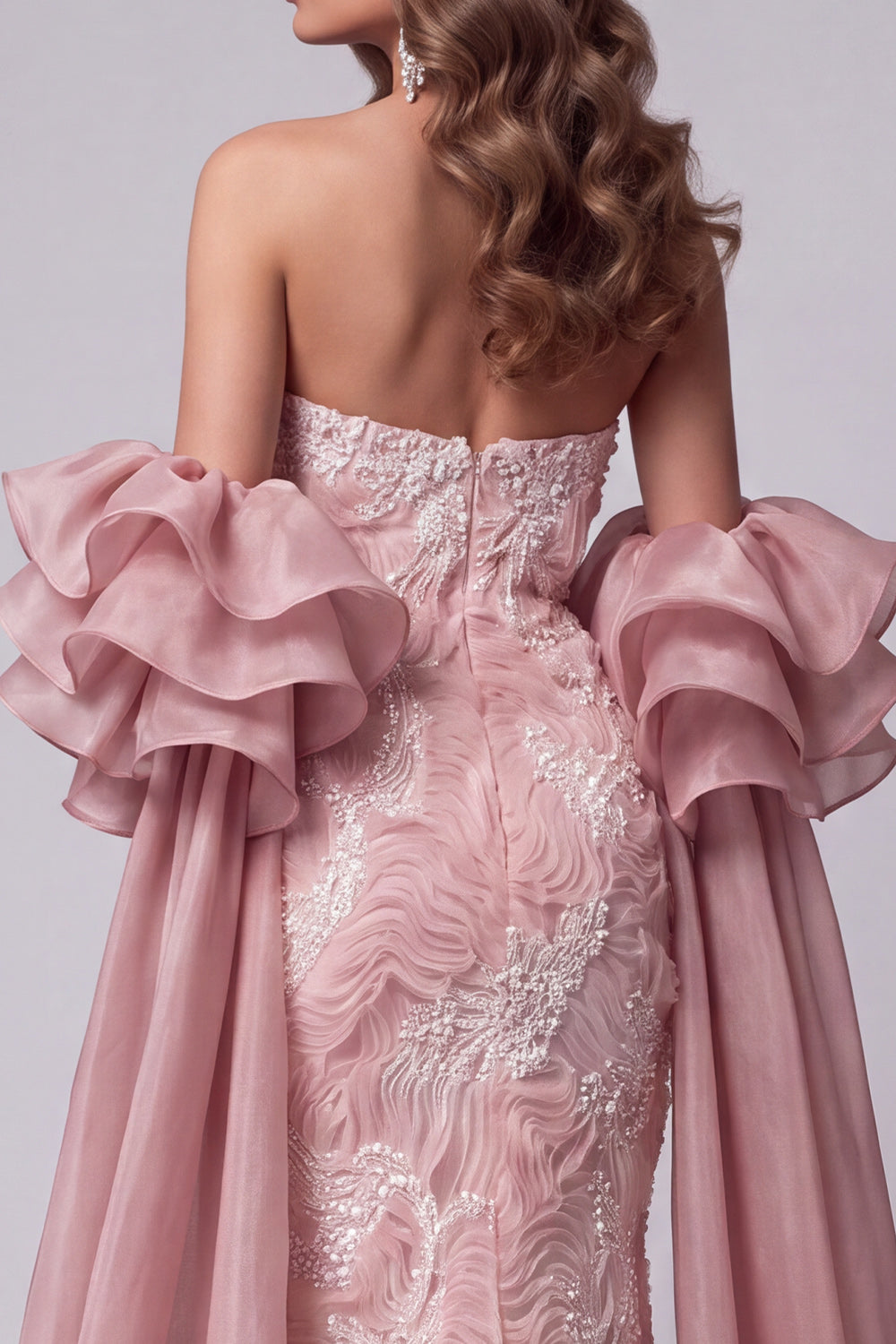 Sparkly Beaded Pink Mermaid Long Pageant Dress with Cape
