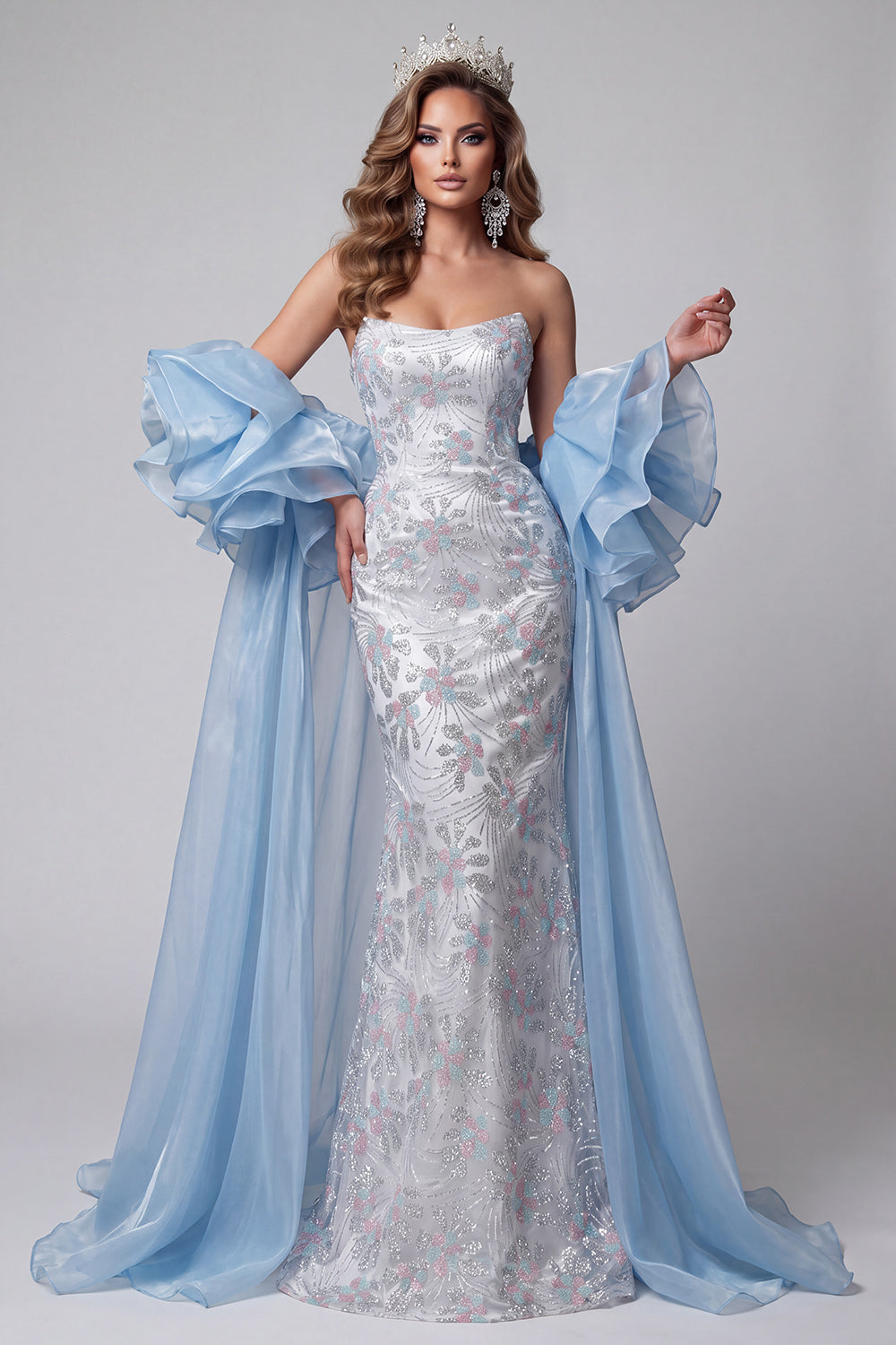 Sparkly Floral Beaded Light Blue Sequin Long Pageant Dress with Cape Organza Mermaid Strapless Gala Dress with Sleeves