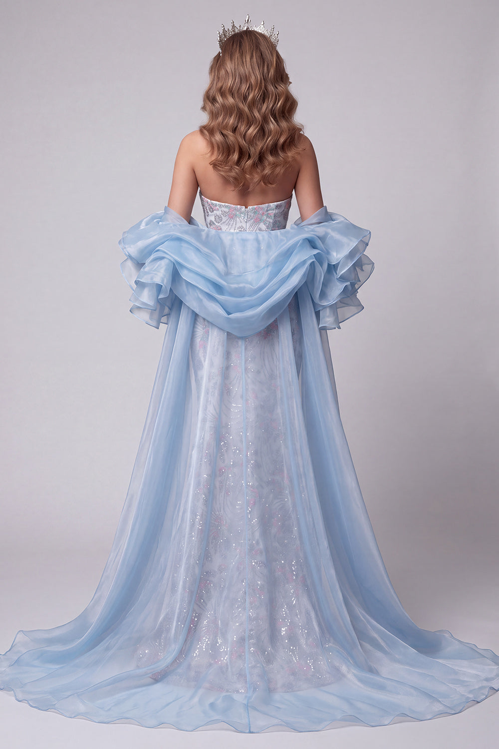Light Blue Sparkly Floral Sequin Mermaid Long Pageant Dress with Cape