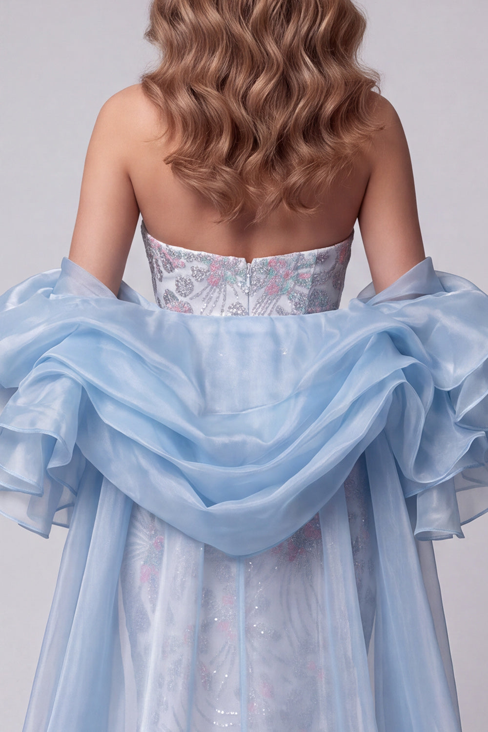 Light Blue Sparkly Floral Sequin Mermaid Long Pageant Dress with Cape