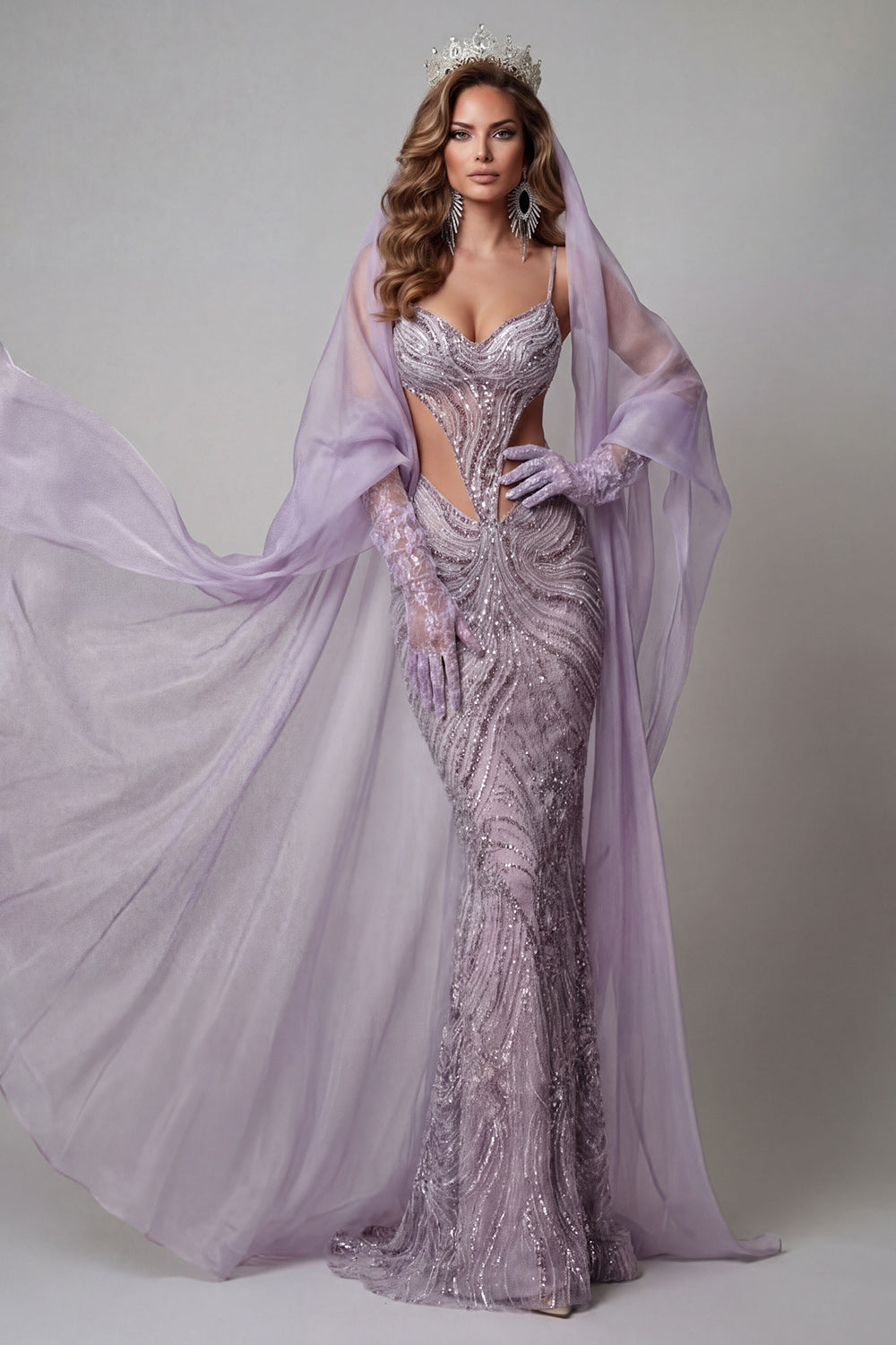 Lilac Sparkly Beaded Sequin Long Pageant Dress with Veil Cut Out Spaghetti Straps Mermaid Gala Dress