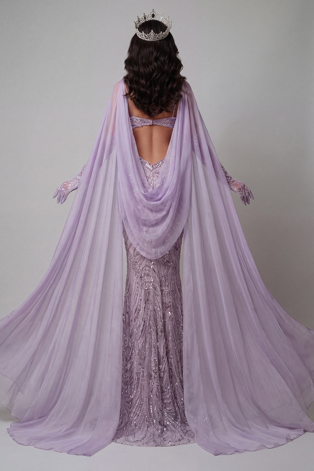 Sparkly Sequin Lilac Mermaid Cut Out Long Pageant Dress with Veil