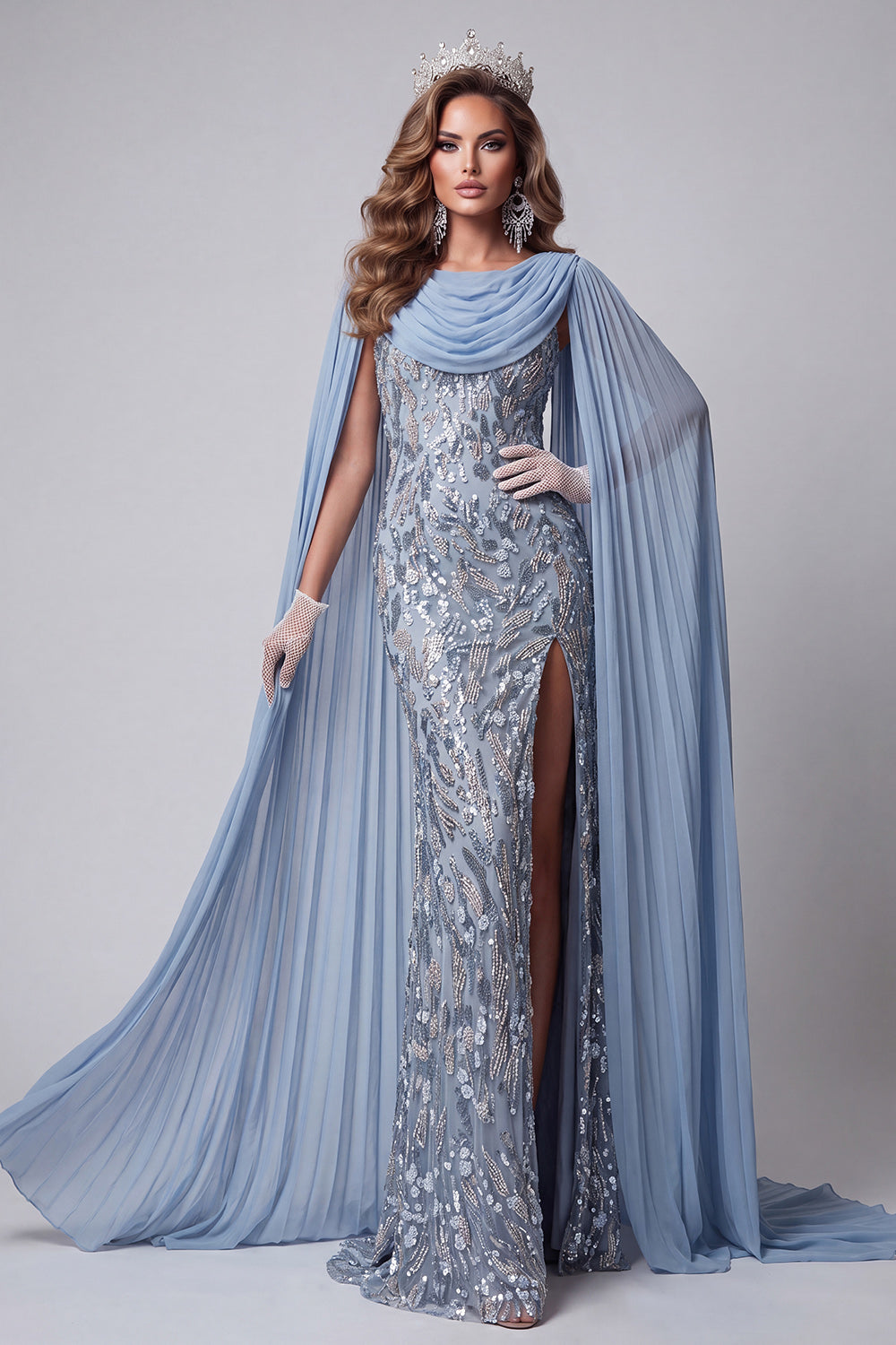 Sparkly Grey Blue Pleated Long Pageant Dress with Slit Beaded Sequin Boat Neck Mermaid Gala Dress with Cape