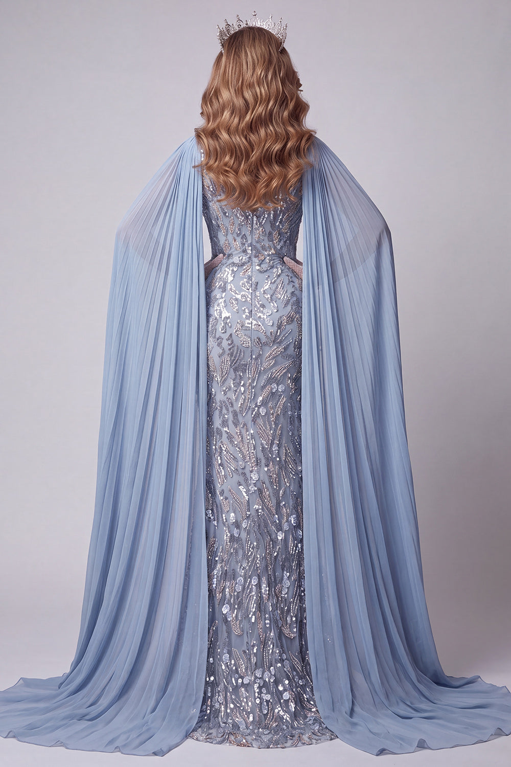Grey Blue Sparkly Mermaid Beaded Long Pageant Dress with Slit