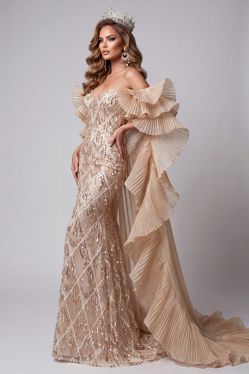 Sparkly Sequin Champagne Mermaid Long Pageant Dress with Cape