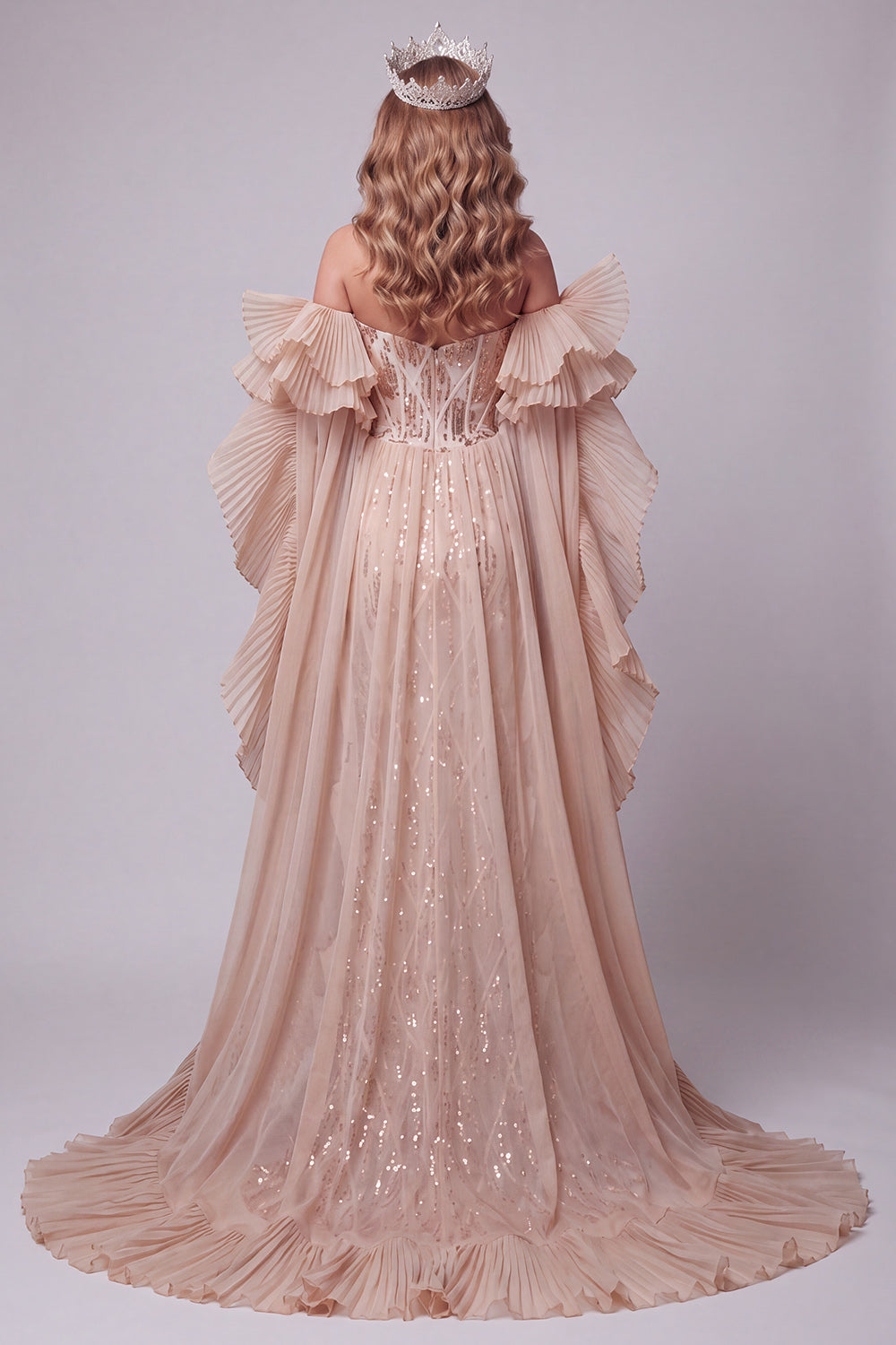 Sparkly Sequin Champagne Mermaid Long Pageant Dress with Cape