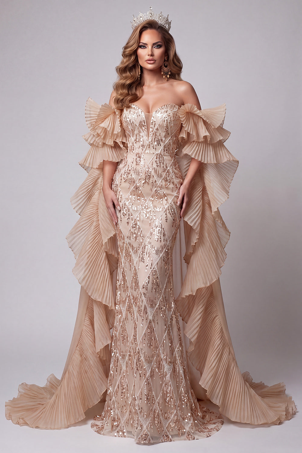 Champagne Sparkly Ruffled Sequin Long Pageant Dress with Cape Sweetheart Mermaid Galal Dress