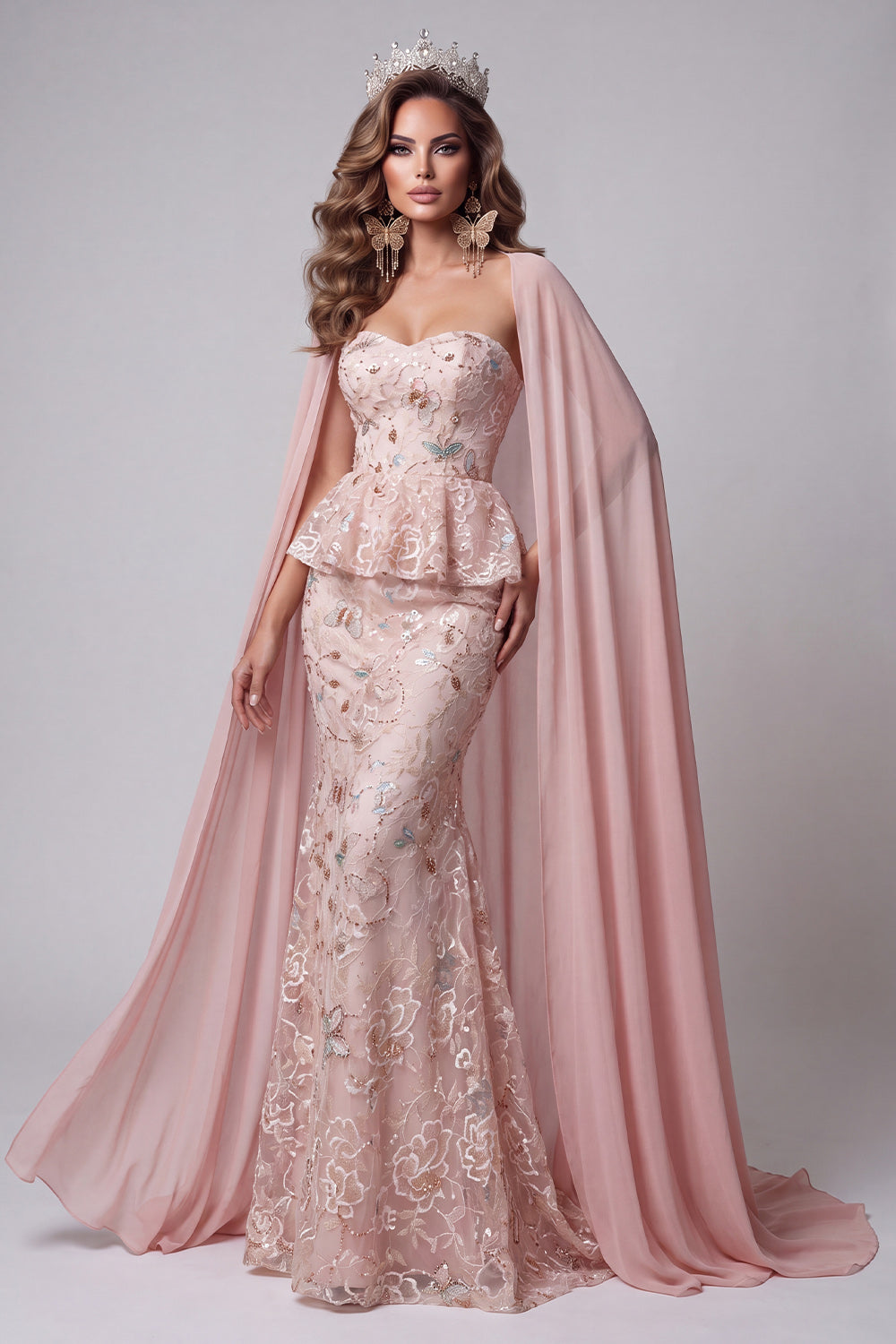 Blush Floral Sparkly Ruffled Long Pageant Dress with Cape Lace Sweetheart Beaded Sequin Mermaid Gala Dress