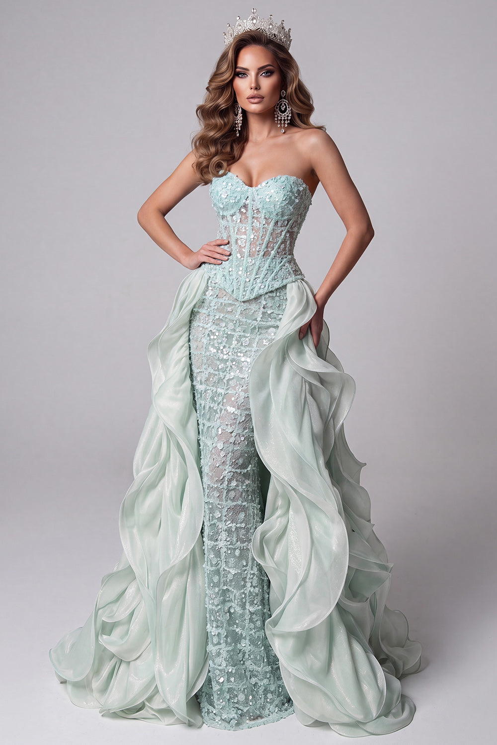 Mint Green Sparkly Organza Corset Long Pageant Dress with Cape Sweetheart Mermaid Sequin Gala Dress