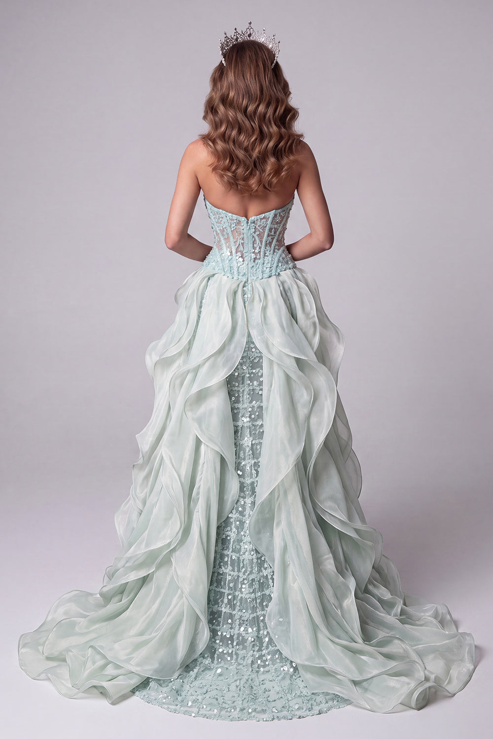 Mint Green Sparkly Sequin Mermaid Corset Long Pageant Dress with Cape